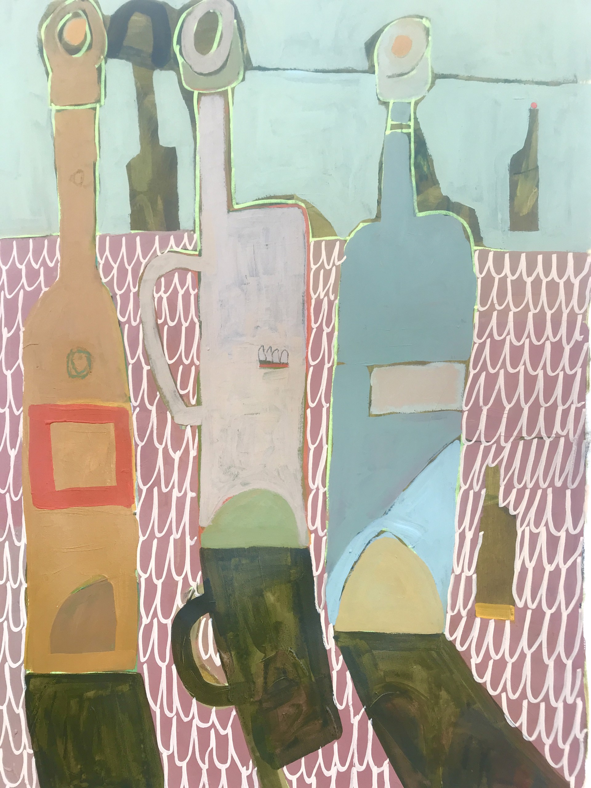 Bottles on Mauve Linen by Rachael Van Dyke