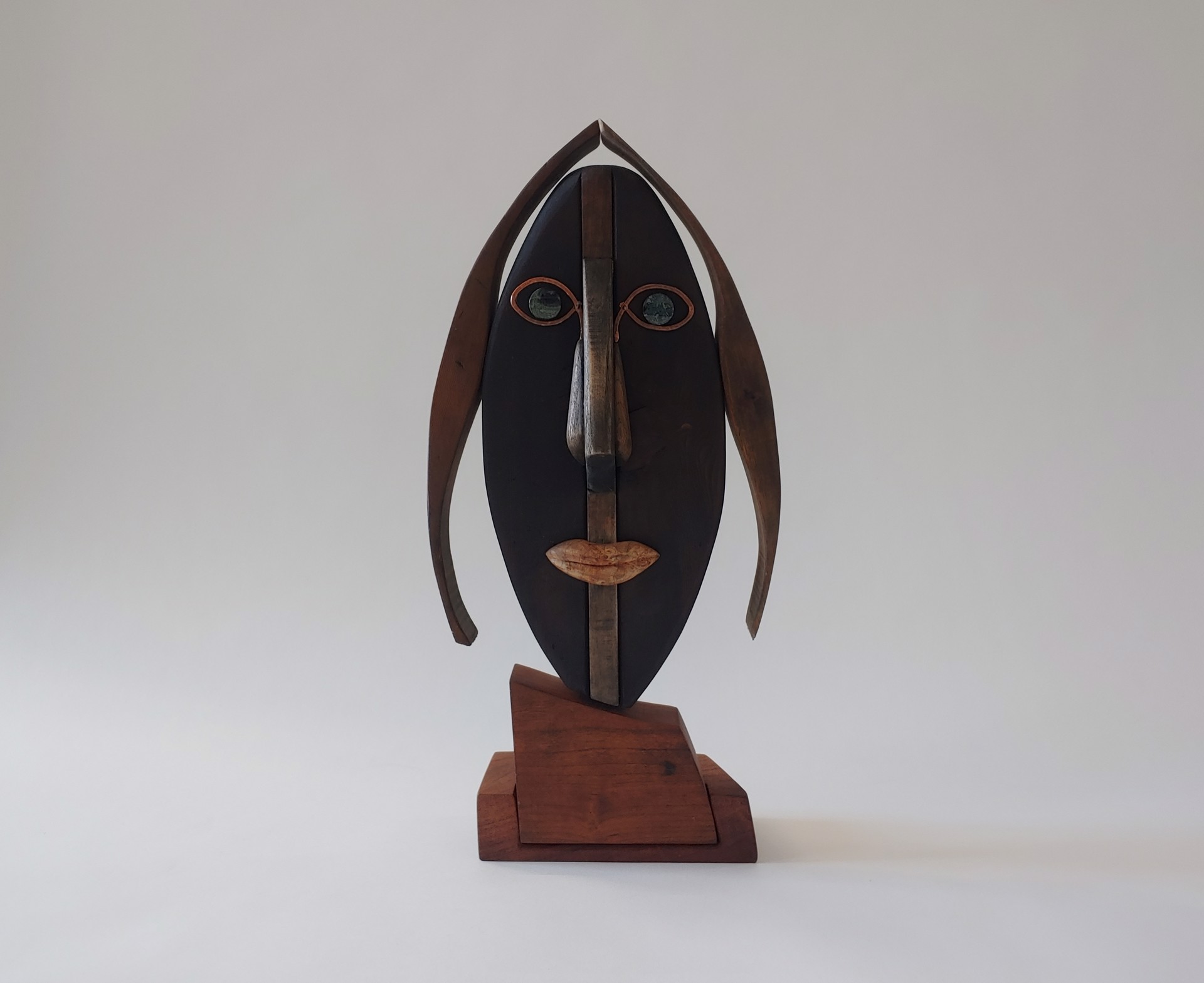 Cubist Bust w/ Stone Eyes - Wood Sculpture by David Amdur