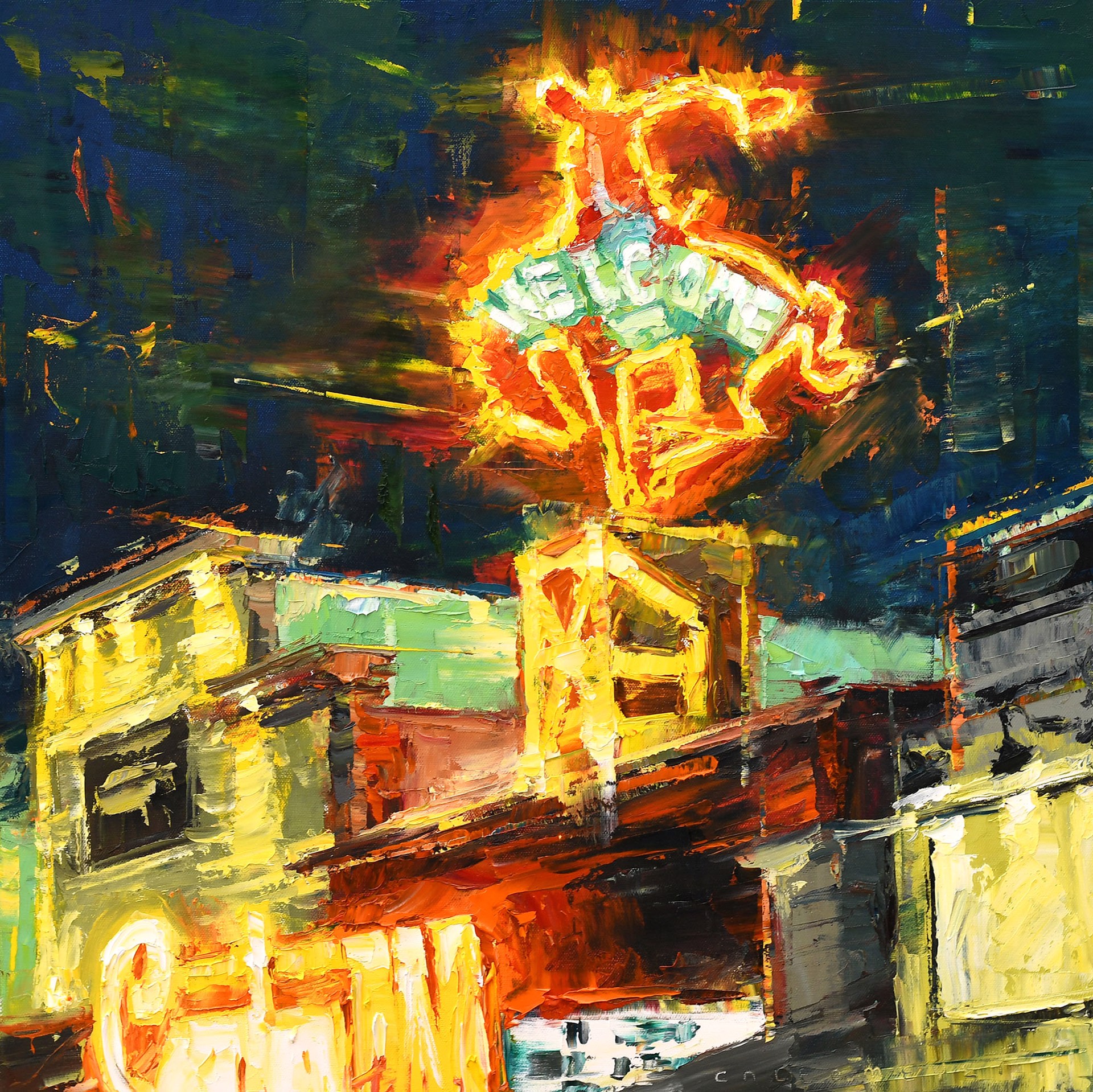 Original Oil Painting By Caleb Meyer Featuring The Million Dollar Cowboy Bar Neon Sign At Night