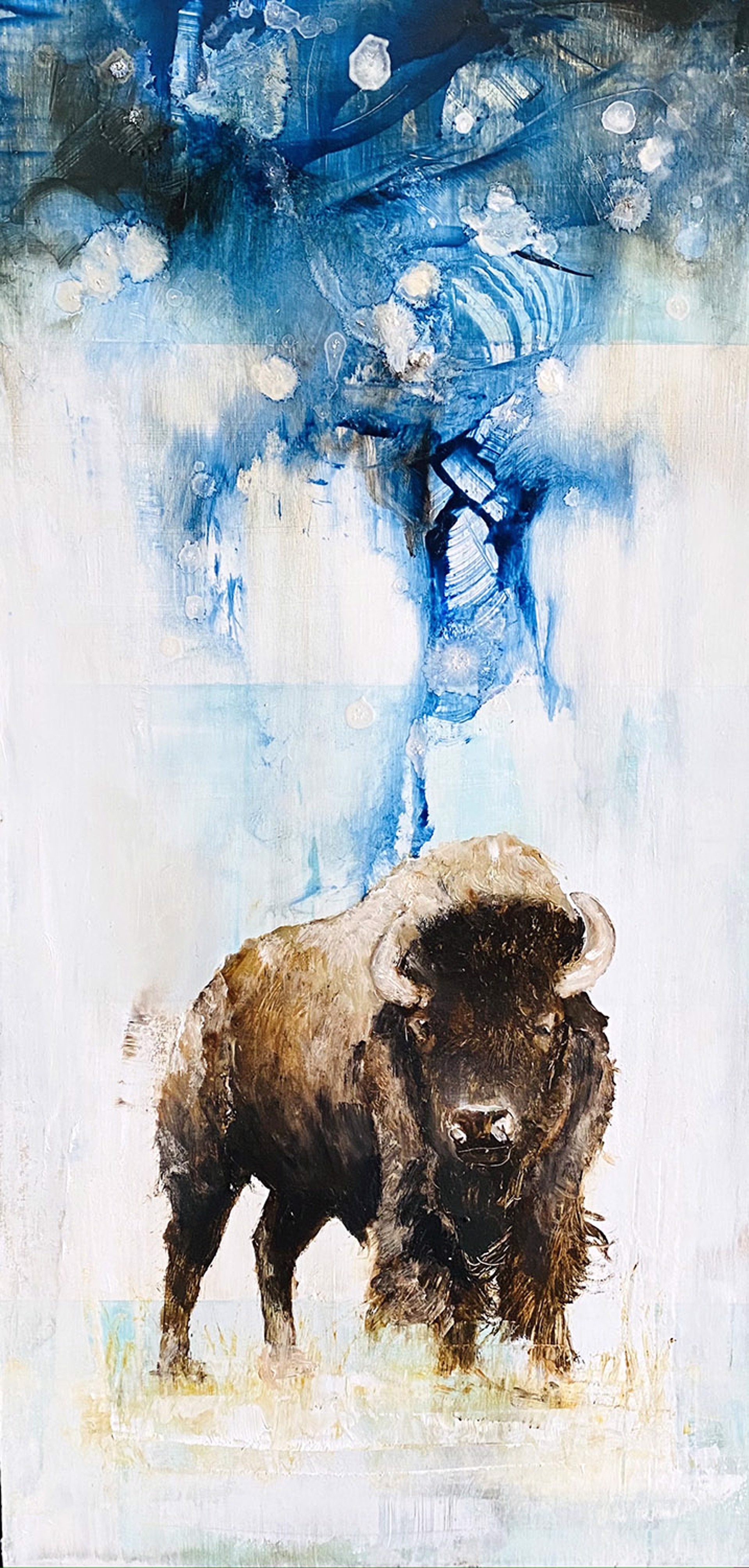 A Contemporary Painting Of A Standing Bison On A Blue And White Abstract Background By Jenna Von Benedikt At Gallery Wild