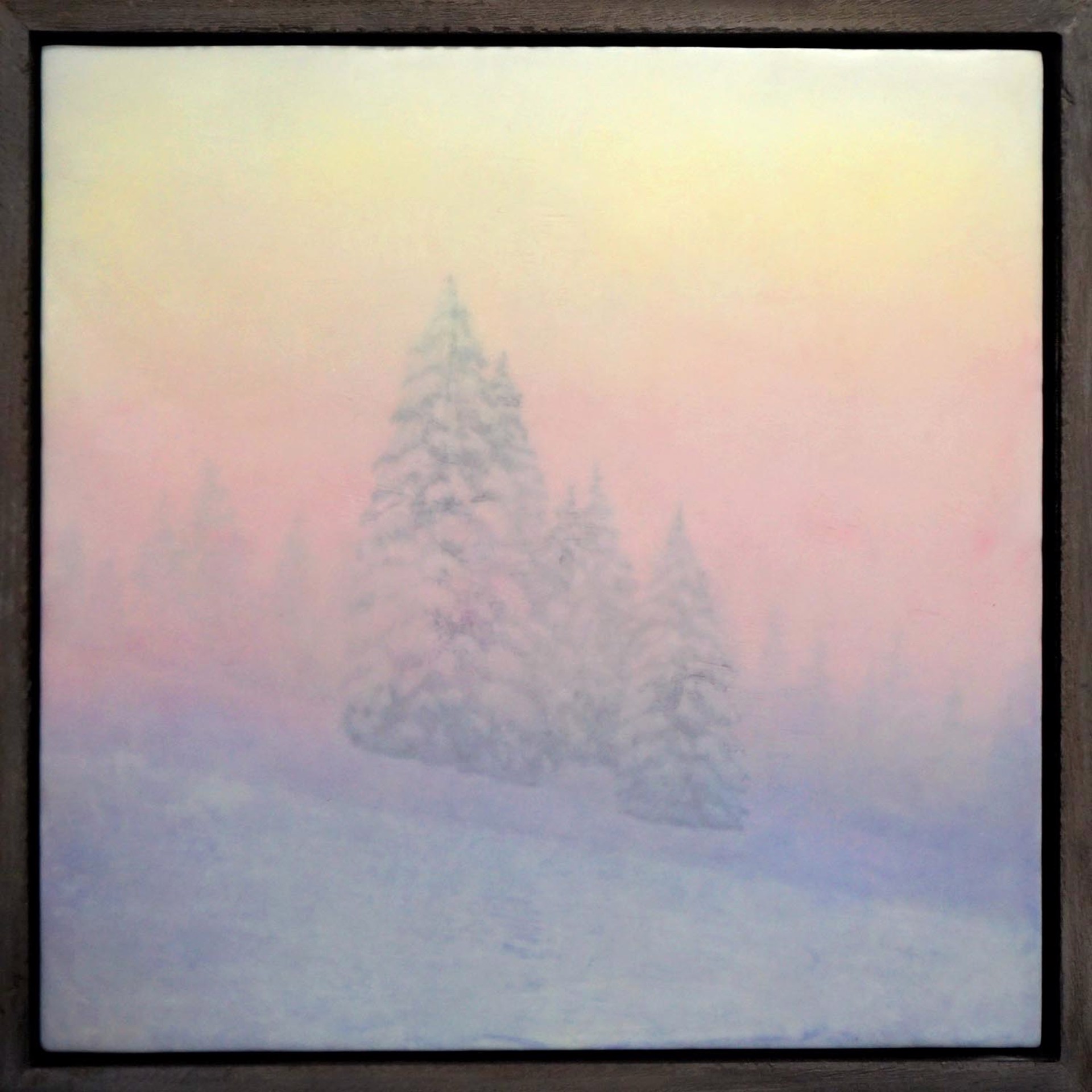 Original Encaustic Painting Pink Purple Yellow Hues Winter Landscape With Snow Covered Trees