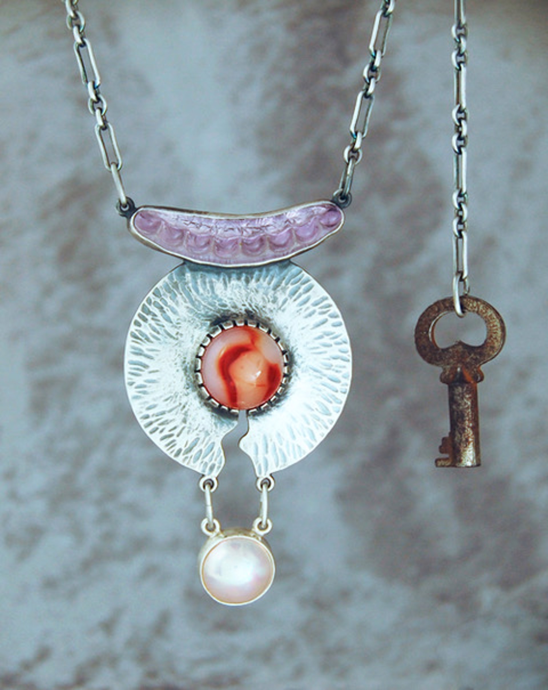 Pendant - "A Day In The Life" - Purple Desert Glass Shard, Glass Marble, Key, Mabe Pearl With Sterling Silver - 18" Chain - #307 by Ken and Barbara Newman