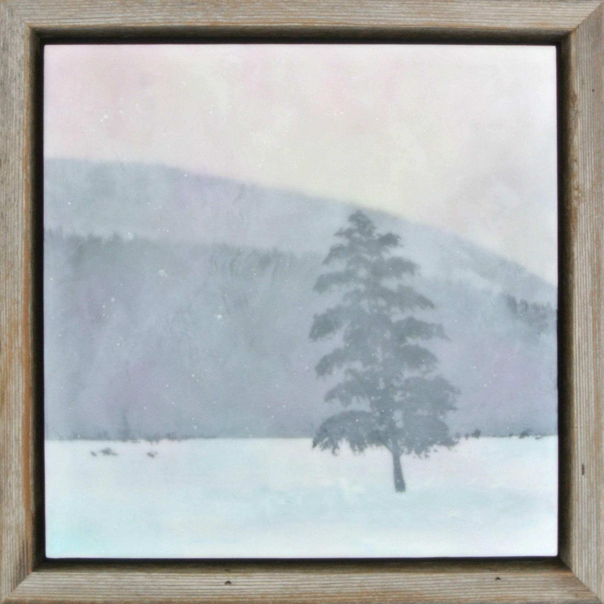 A Contemporary Encaustic Painting By Bridgette Meinhold Featuring A Lone Tree Set Against A Snowy Mountain Background