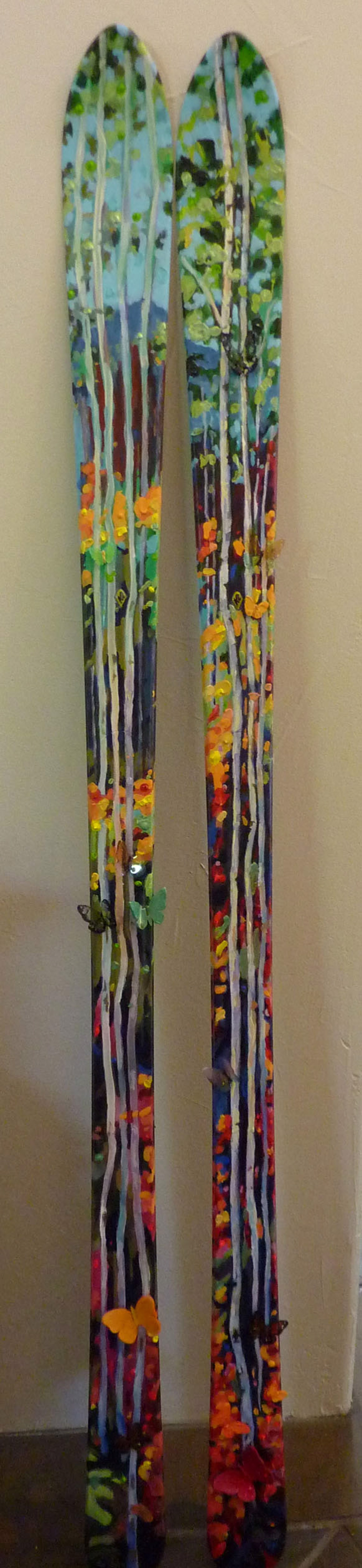 Skis with Abstract Aspens and 3D Butterflies by Cindi Underwood