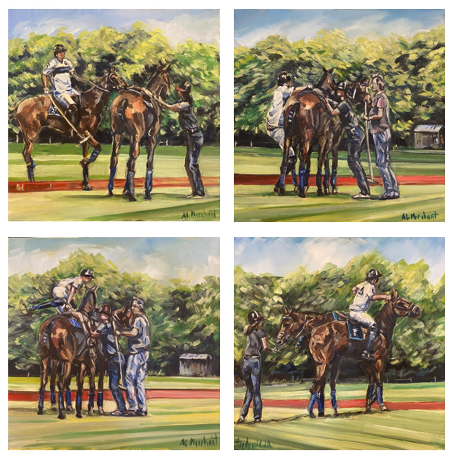 Polo Take a Break | Changing of Ponies | Set of 4 Paintings by Anne-Lise Merchant