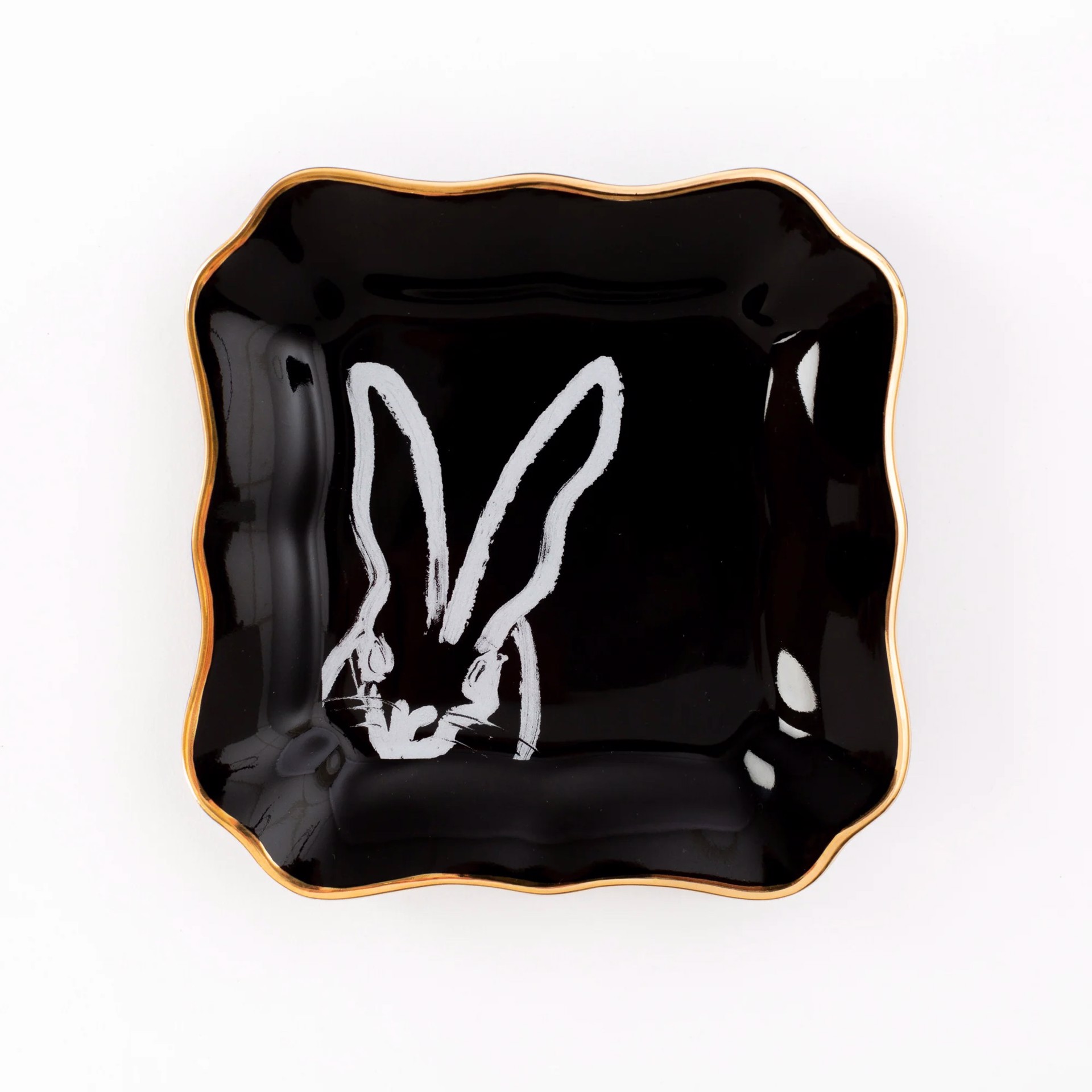 Bunny Portrait Plate - Black with Hand Painted Gold Rim by Hunt Slonem (Hop Up Shop)