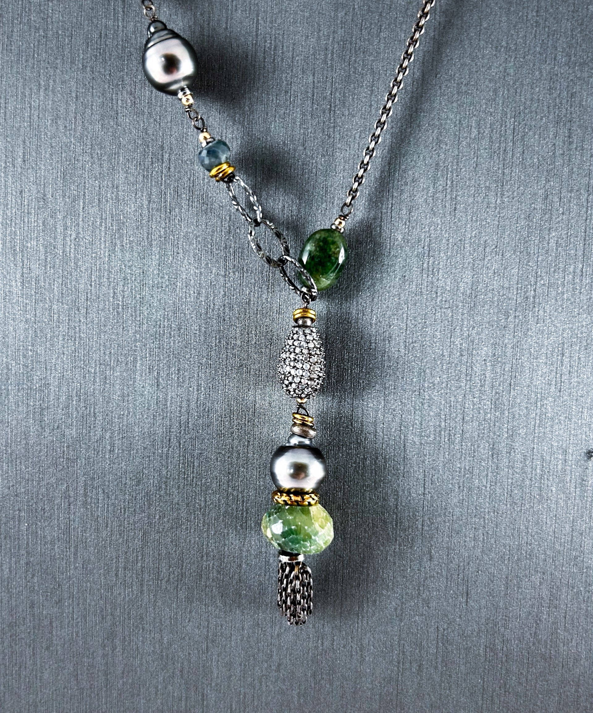 Jade, black pearl, emerald, CZ pave, sterling silver, and gold vermeil by Jeri Mitrani