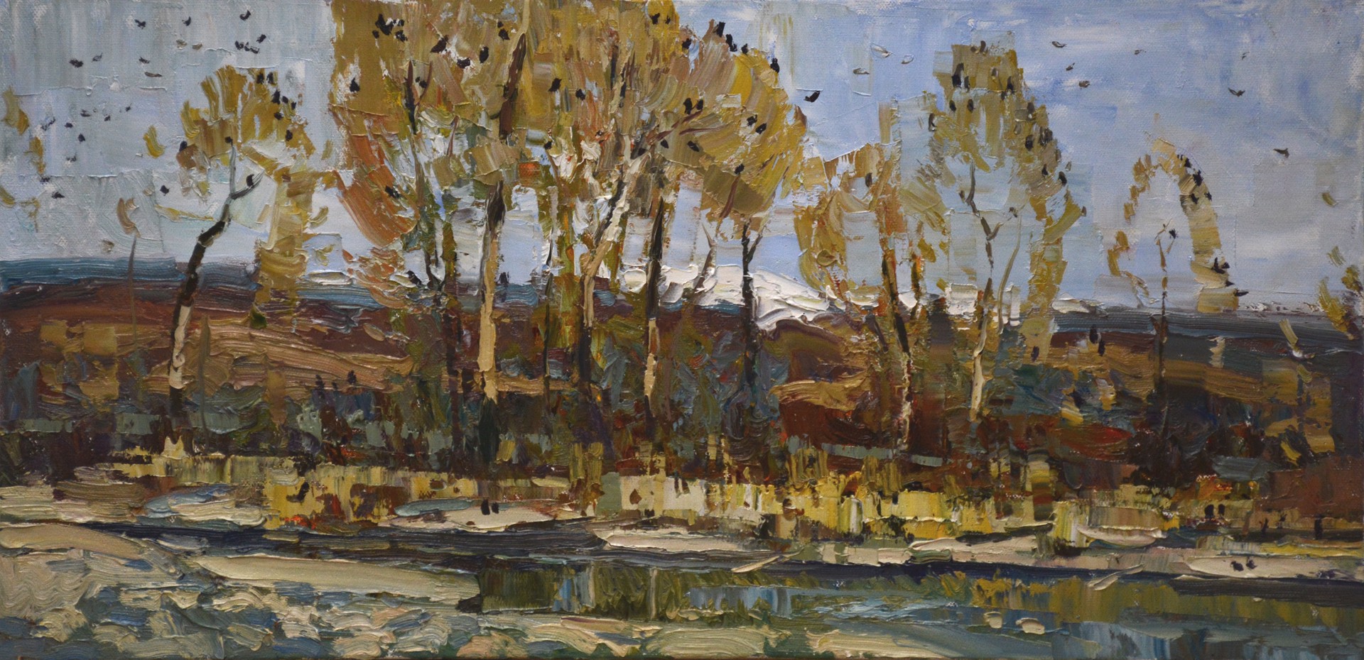 Original Contemporary Oil Painting Of Aspens By The Water With Birds Flying By Silas Thompson Available At Gallery Wild