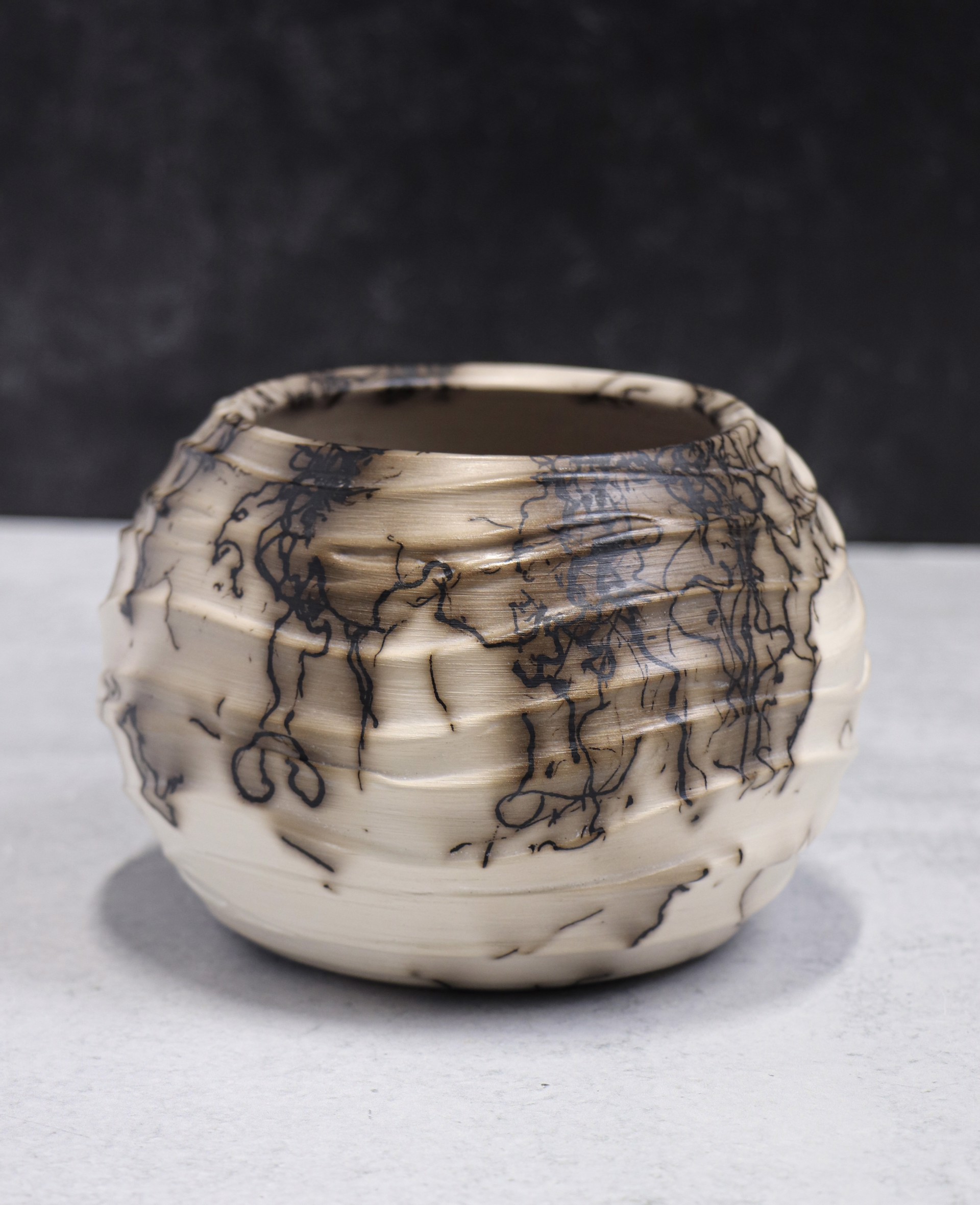 Copper Mica Horsehair Pottery Orb with Wavy Slip by Caroline Renée Woolard