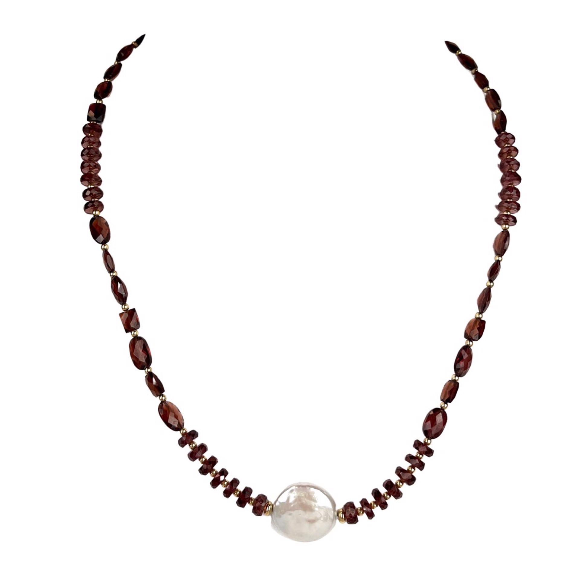 Almandine Garnet with Coin Pearl and 14KGF Necklace by Nola Smodic