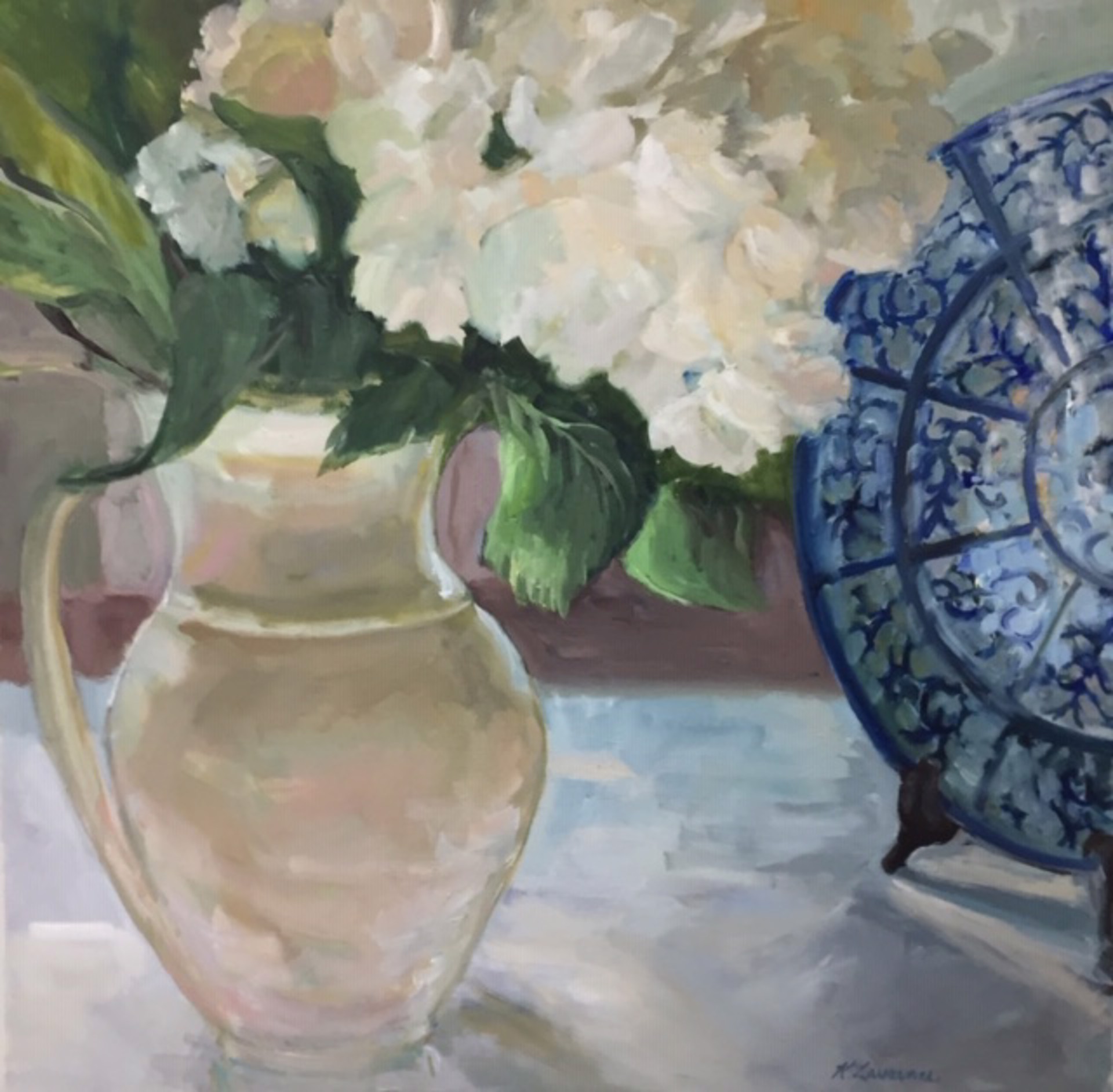 White Flowers & Blue.White Plate by Karen Lawrence