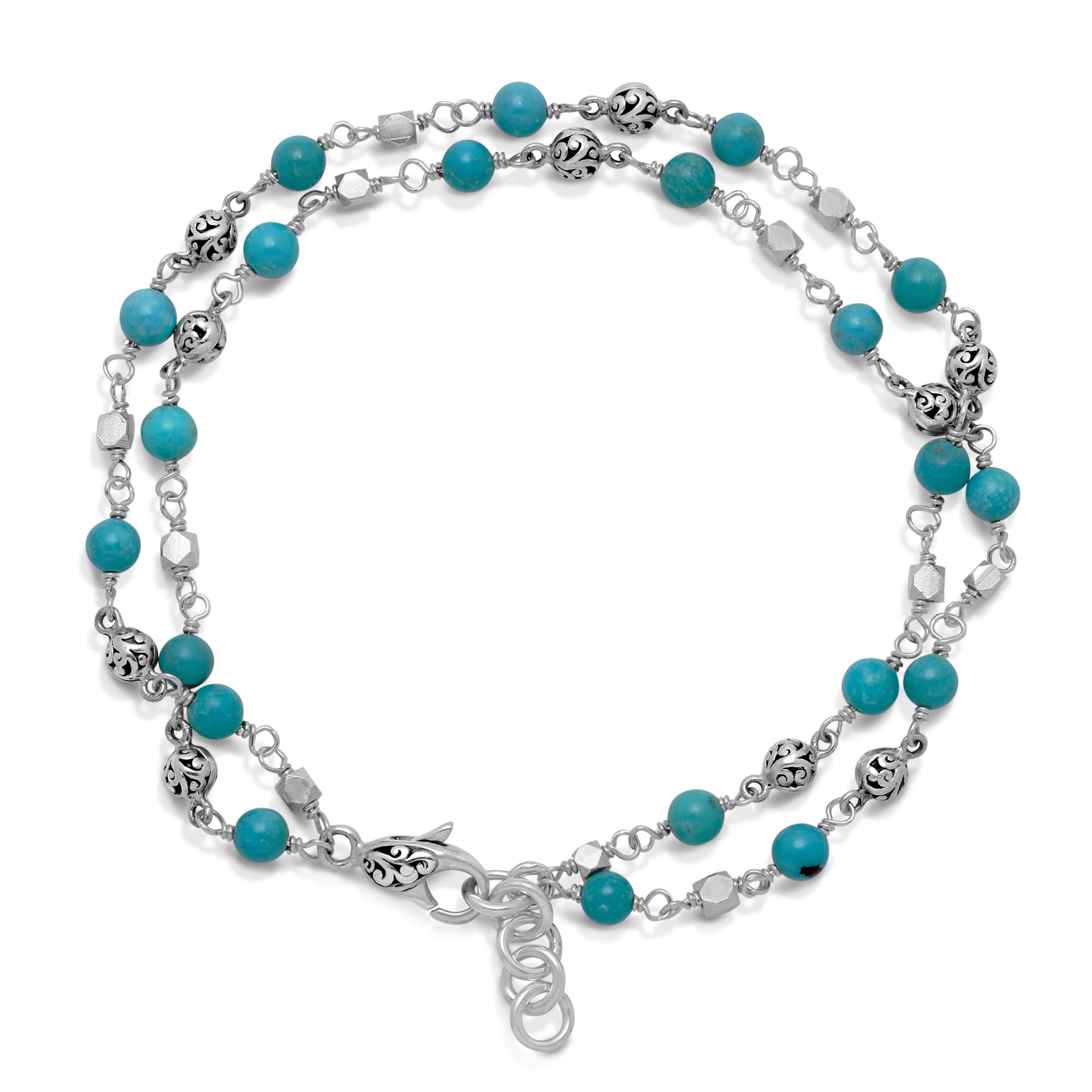 9673 Blue Turquoise & LH Scroll Beads (4mm) Dual Strand Wire-Wrapped Bracelet by Lois Hill