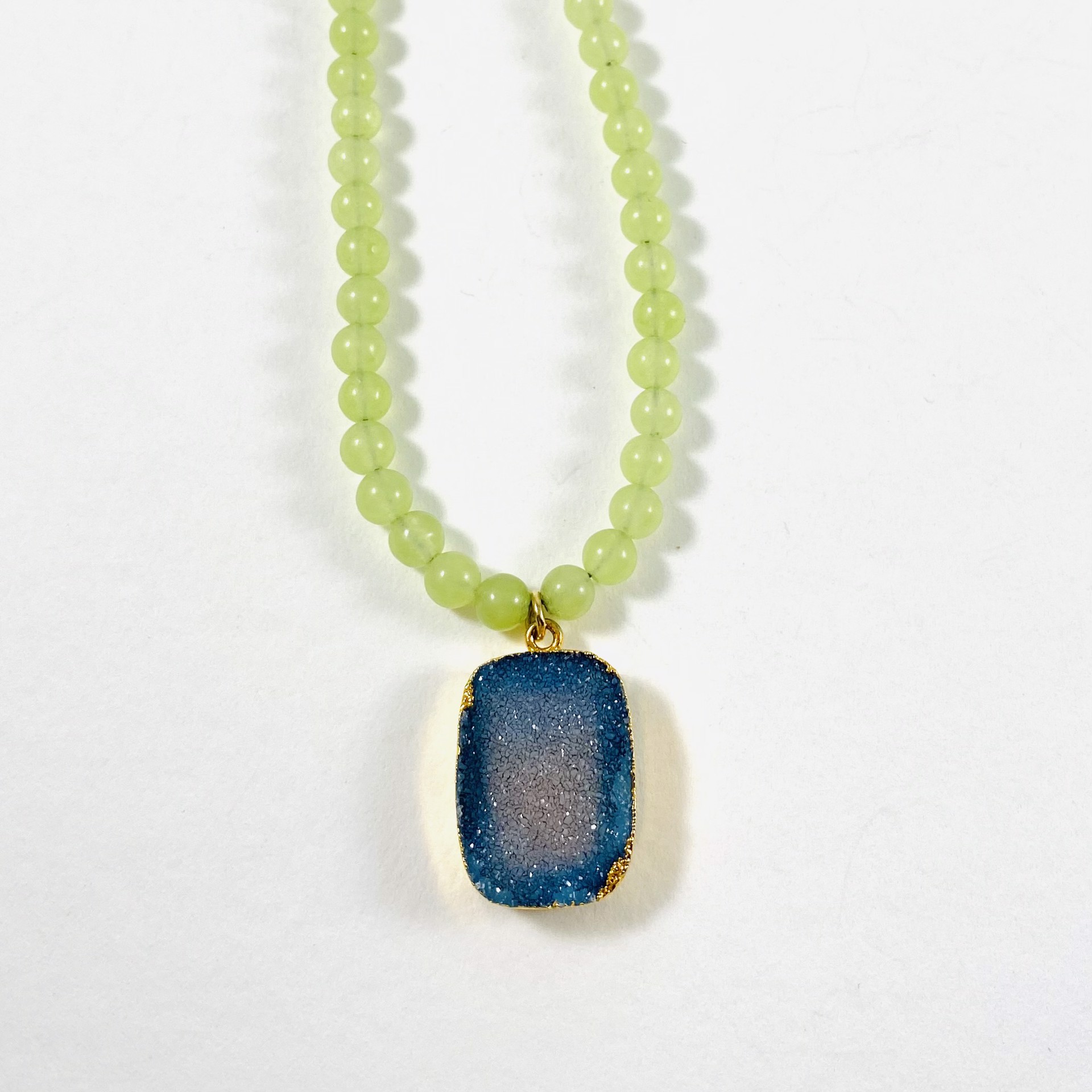 Olive Jade Bead Pale Blue Druzy Pendant Necklace by Nance Trueworthy