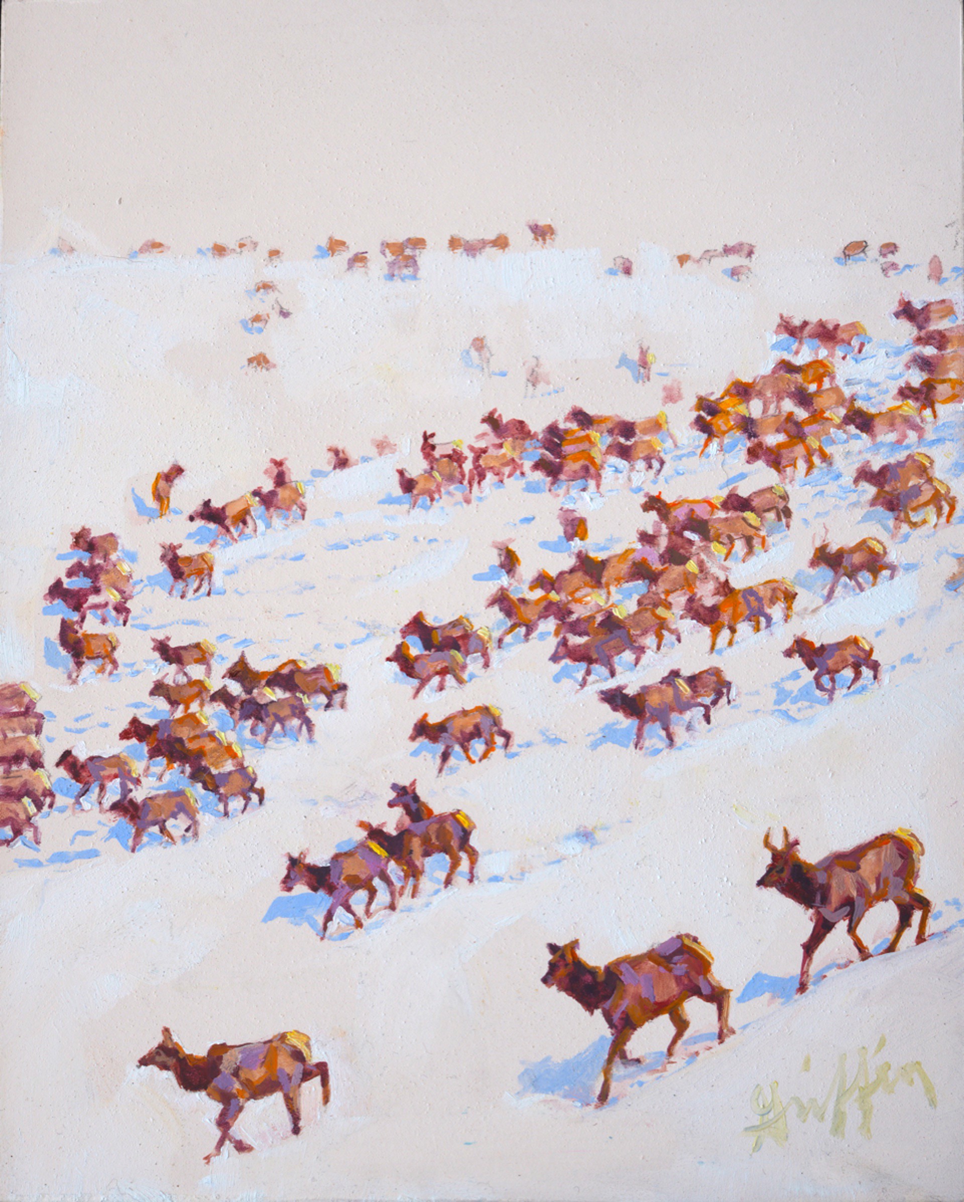 Original Oil Painting Featuring A Herd Of Elk From A Distance Migrating Through Snowy Landscape