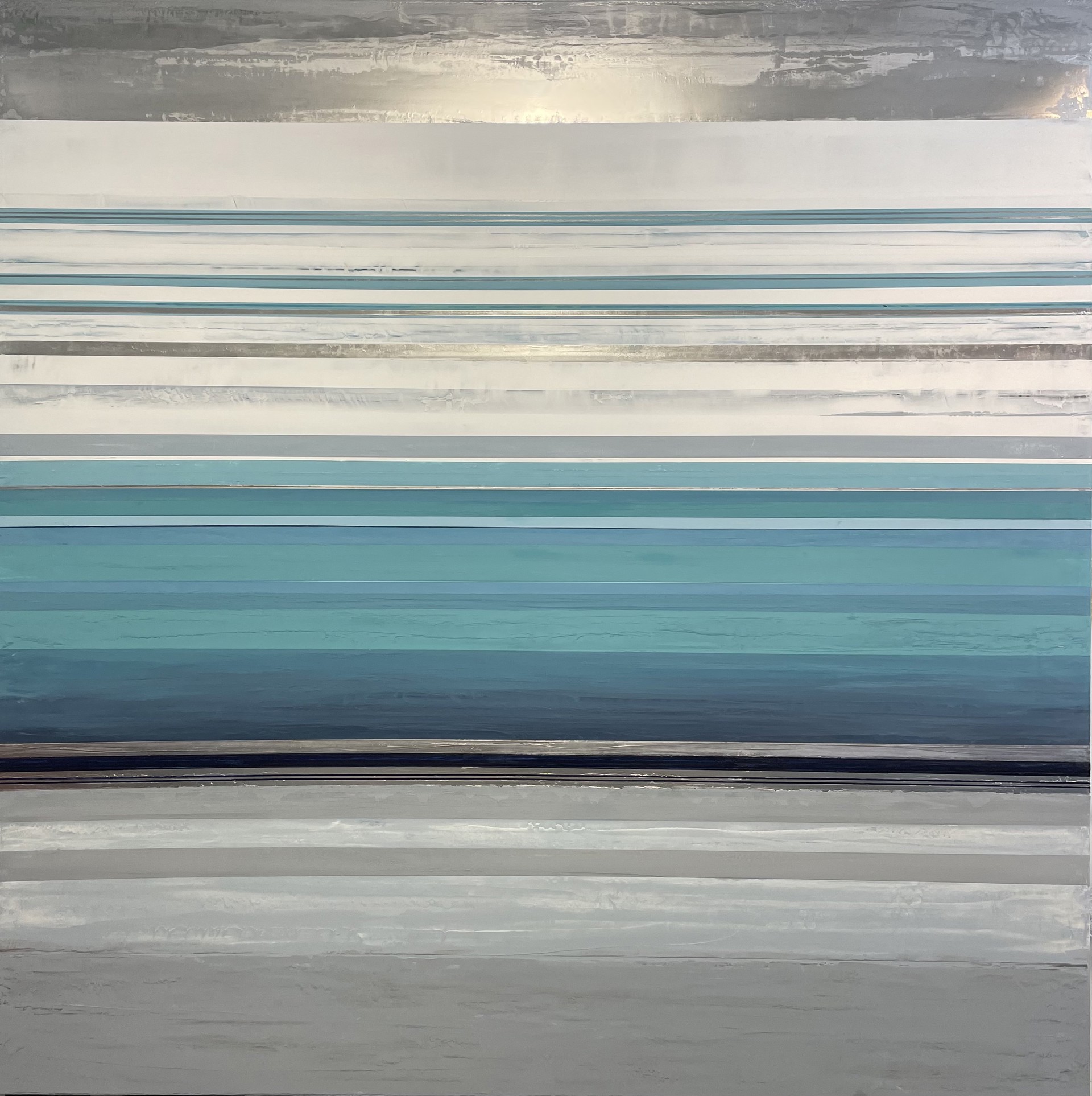 Transcending Light by California artist and painter Stephanie Paige is a 72"H x 72"W abstract with silvers painted lines & marble plaster in turquoises and blues.