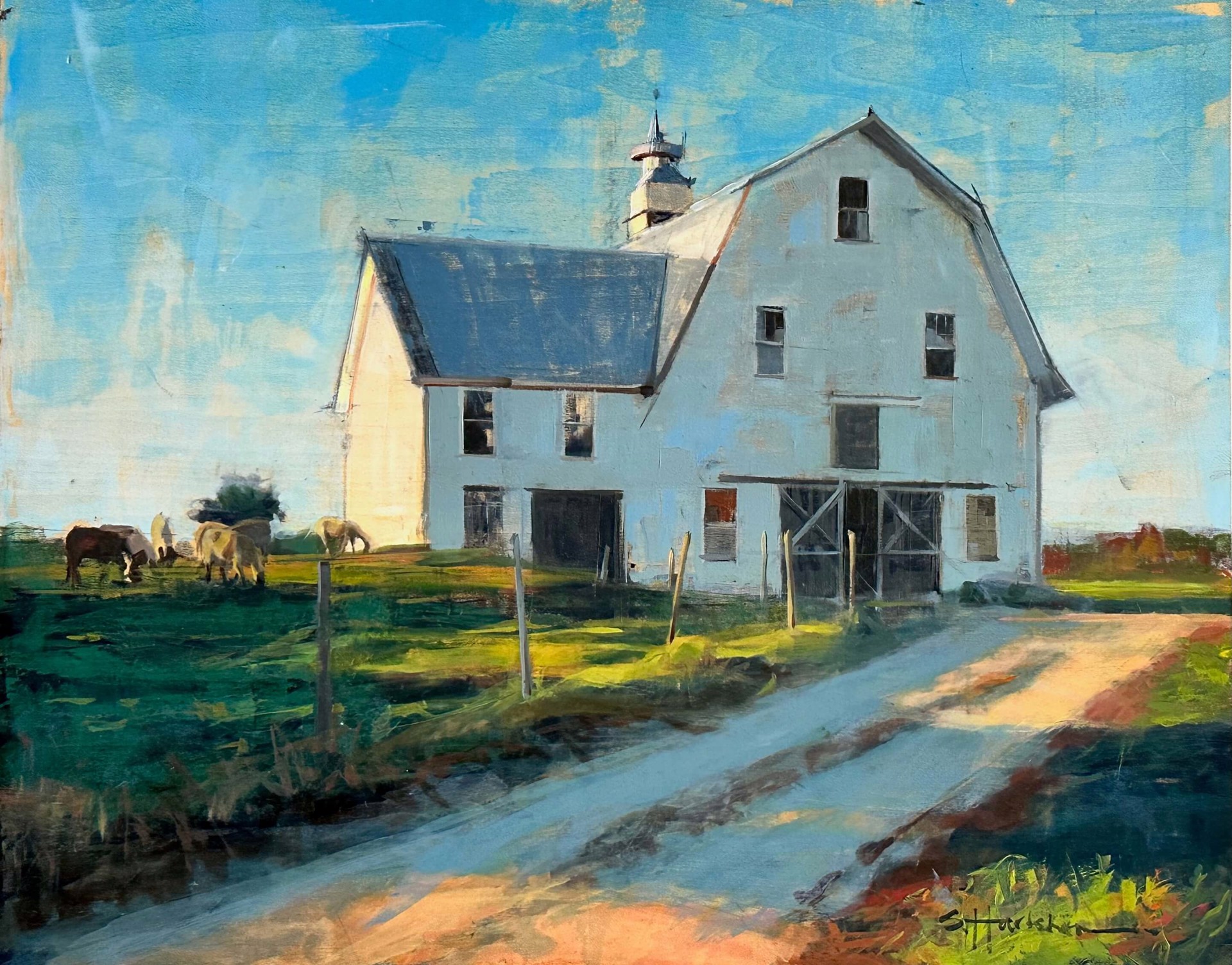 Stephanie Hartshorn, Evening Graze. A white barn with grazing cattle under a dusky sky