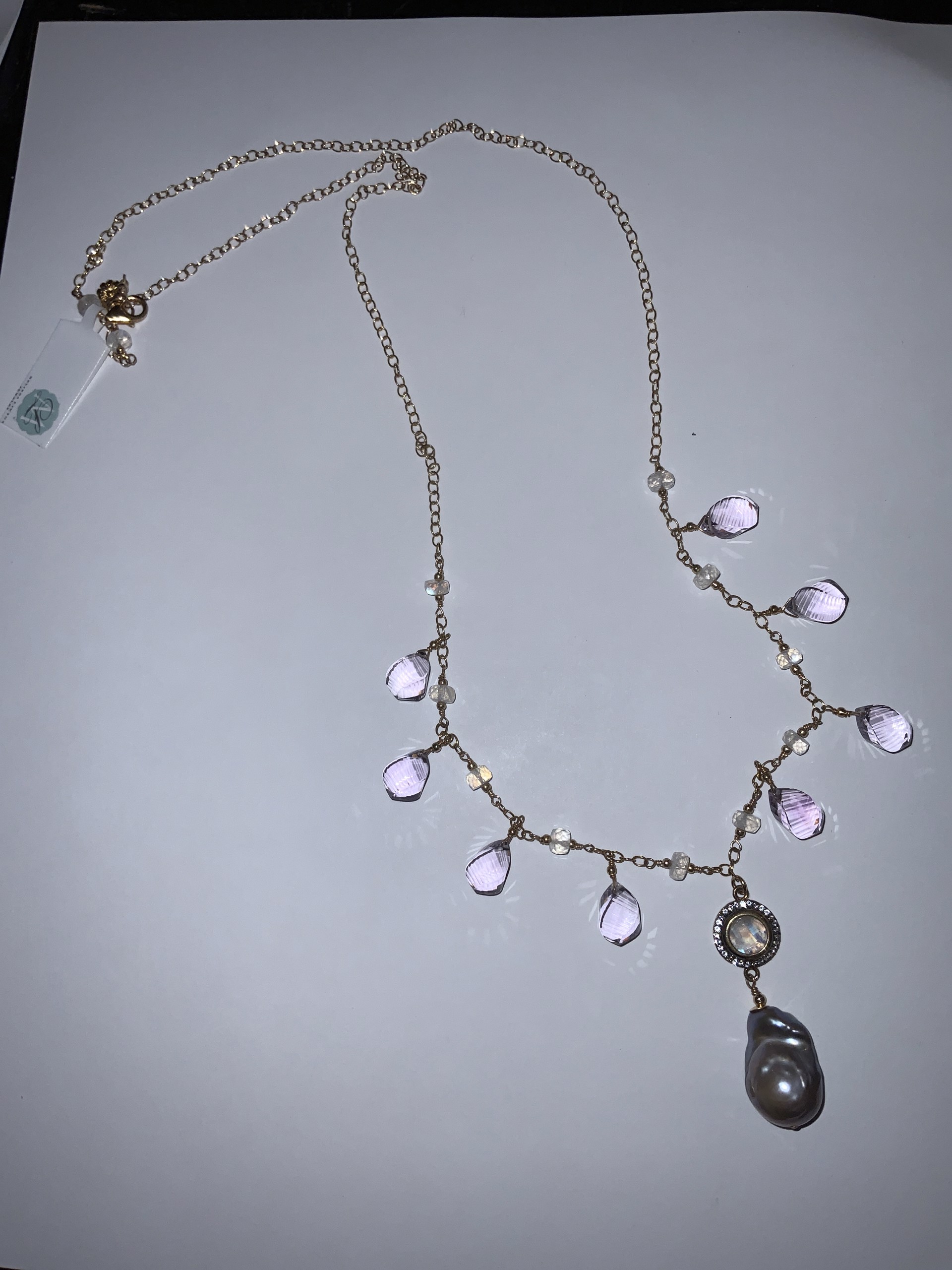 Baroque Pearl with Moonstone & Pink Topaz by Melinda Lawton Jewelry