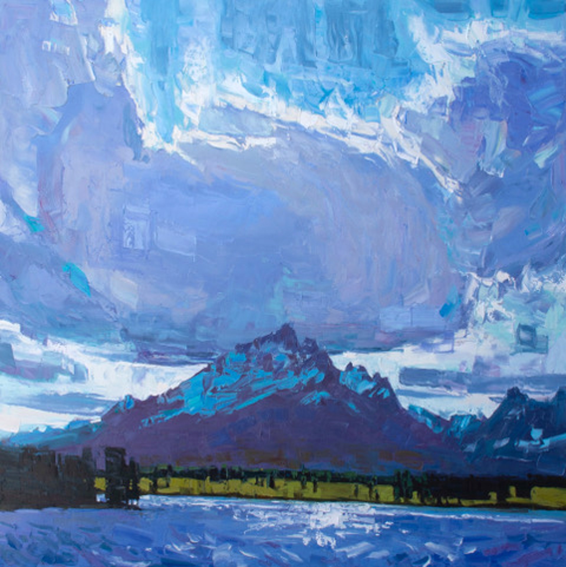 A Contemporary Palette Knife Painting Of A Lake With The Grand Teton Mountain In The Distance With Dramatic Clouds By Silas Thompson At Gallery Wild