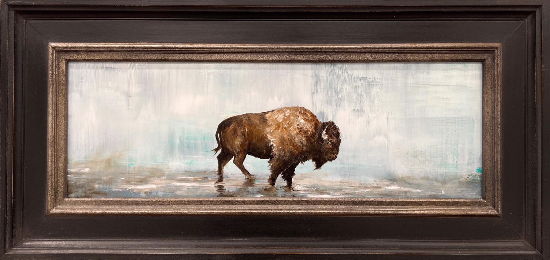 Original Oil Painting Featuring One Bison With A Blue Landscape Background