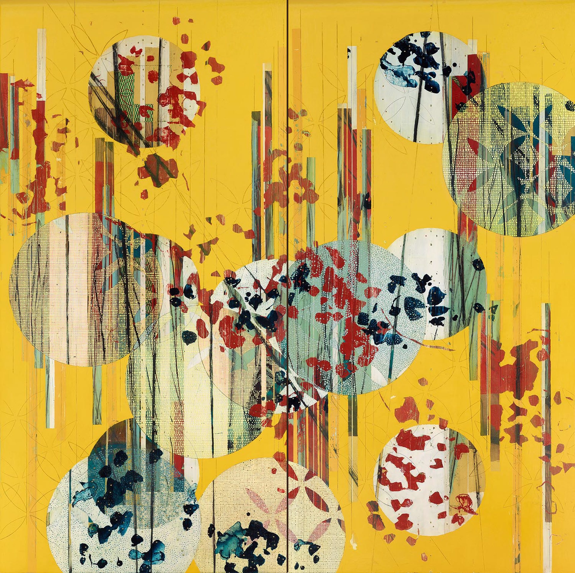 An Abstract Yellow Painting With Circles And Aspen Features By Nina Tichava At Gallery Wild