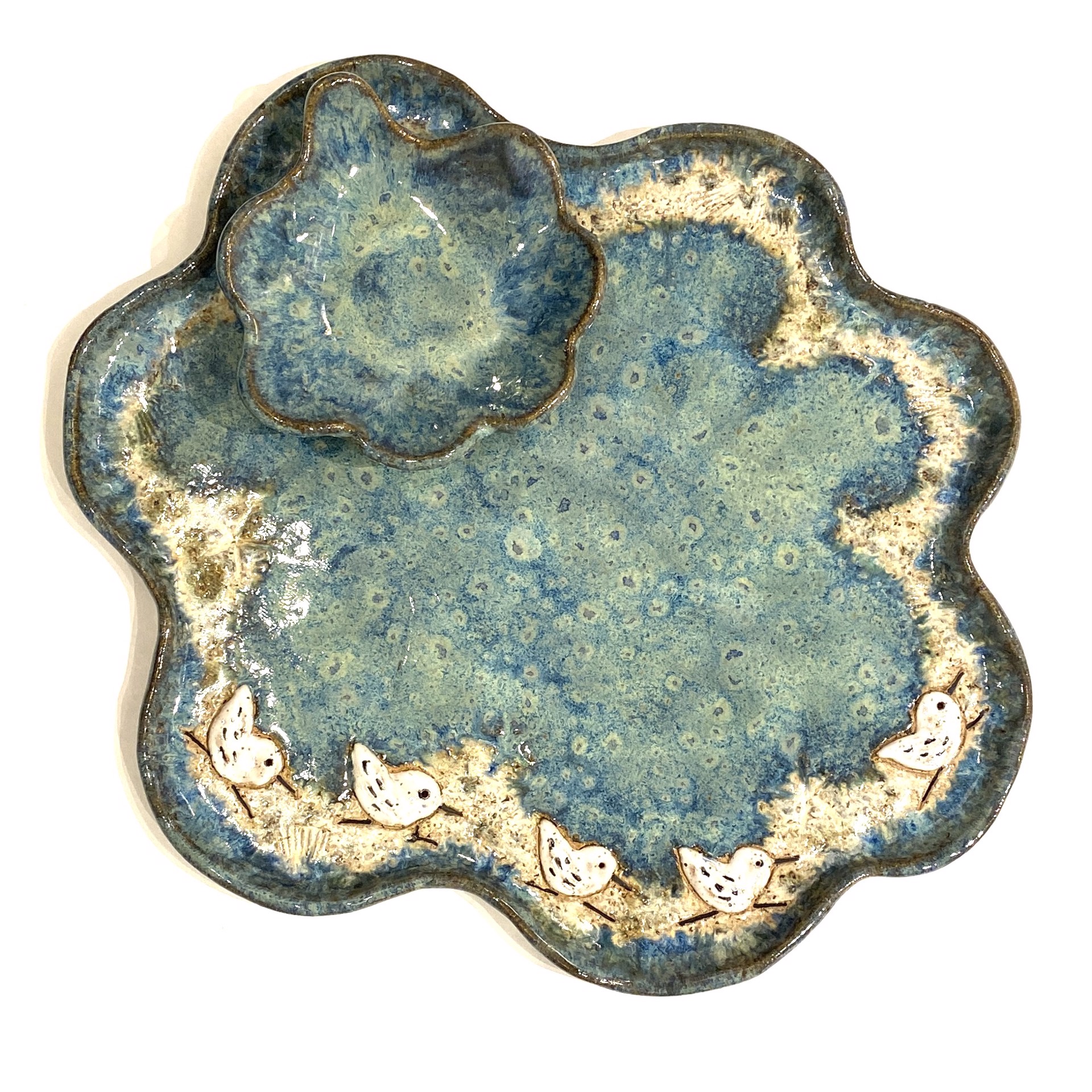 Large Chip N Dip with Five Sandpipers (Blue Glaze) by Jim & Steffi Logan