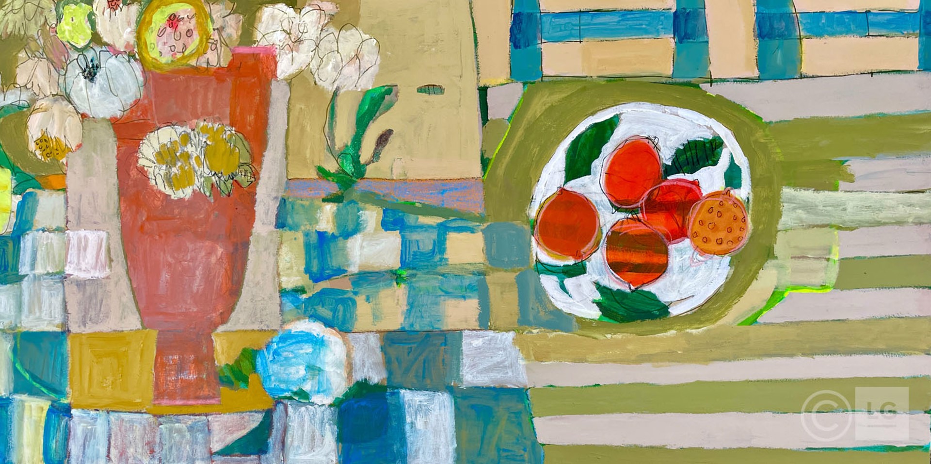 Red Vase, Oranges and Two Blue Chairs by Rachael Van Dyke