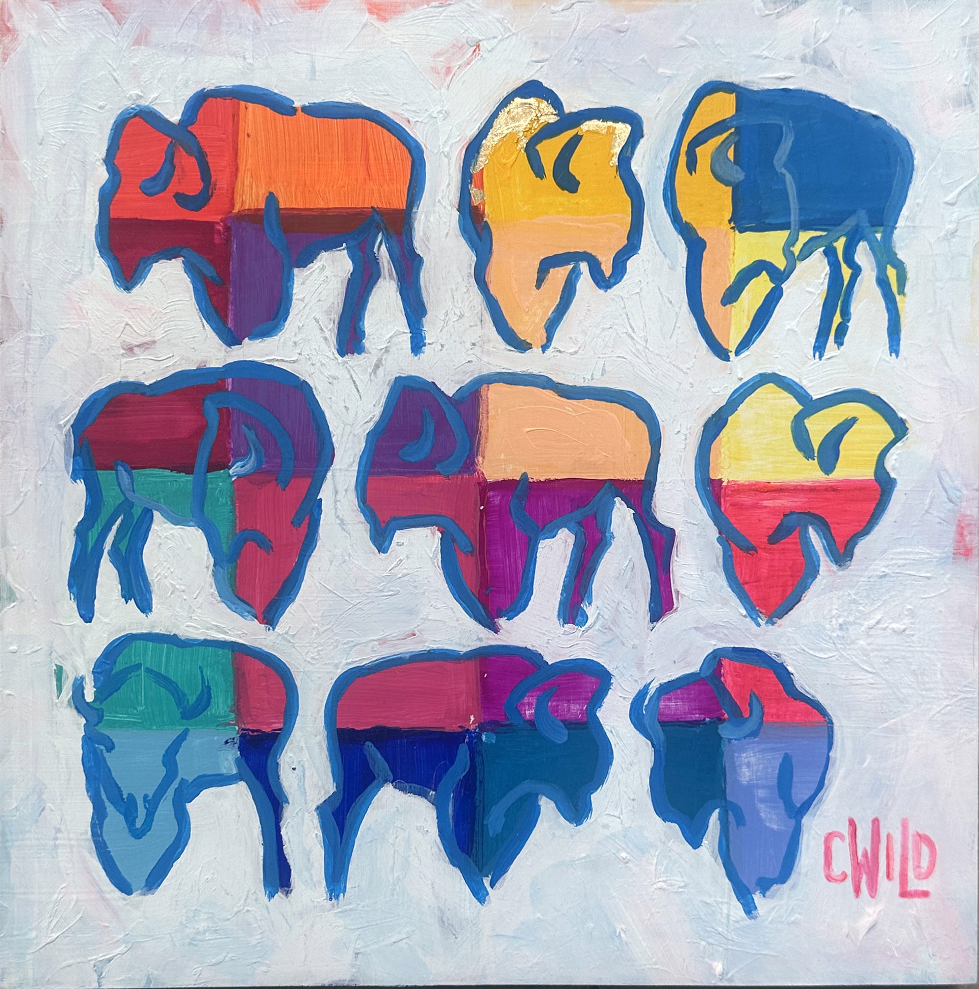 Original Acrylic Painting By Carrie Wild Featuring Nine Color Block Bison On Light Blue Background
