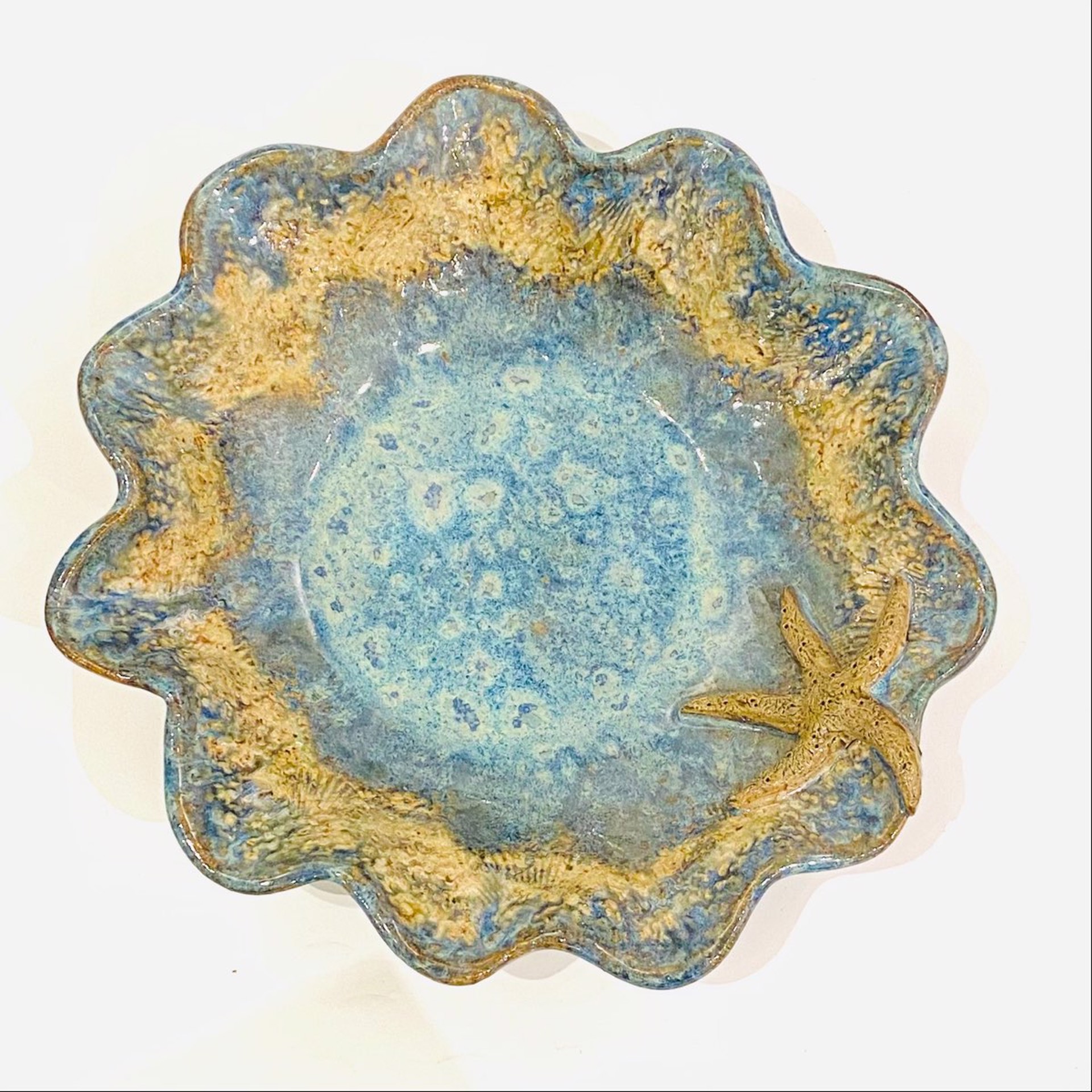 LG22-897 Medium Round Scalloped Bowl with Starfish (Blue Glaze) by Jim & Steffi Logan