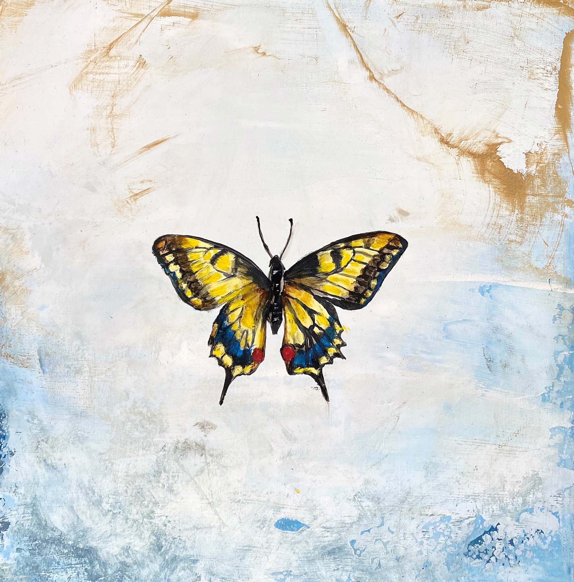 Original Oil Painting Featuring A Yellow Swallowtail Butterfly Over Abstract Background In Blue