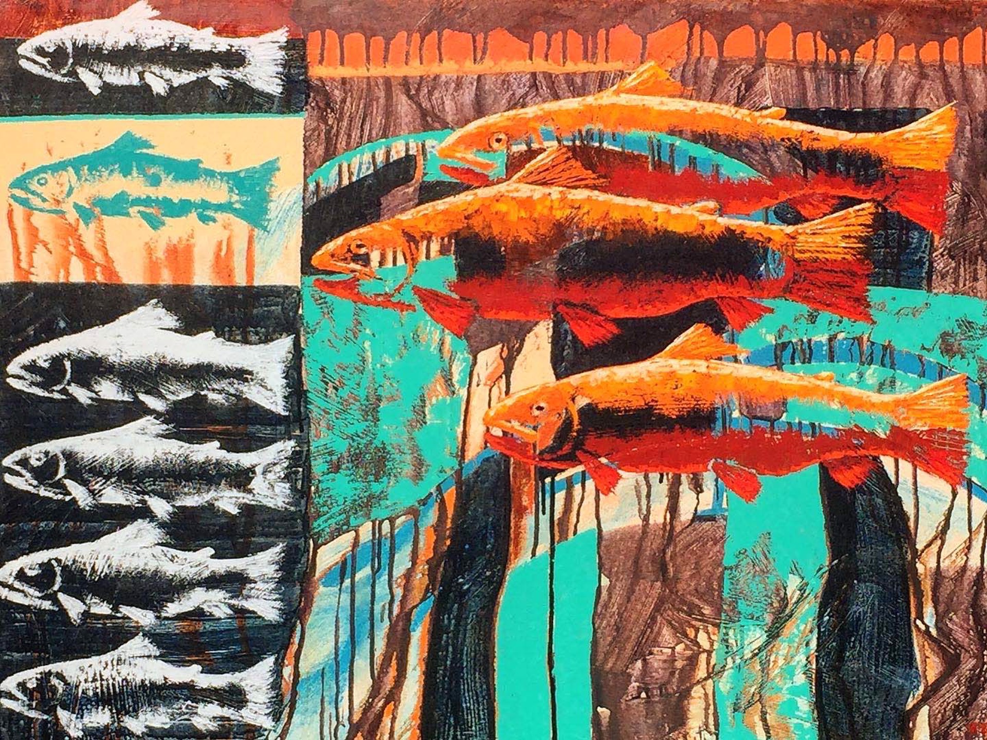 A Contemporary Western Painting Of A Group Of Different Sized Trout On An Abstract Background At Gallery Wild