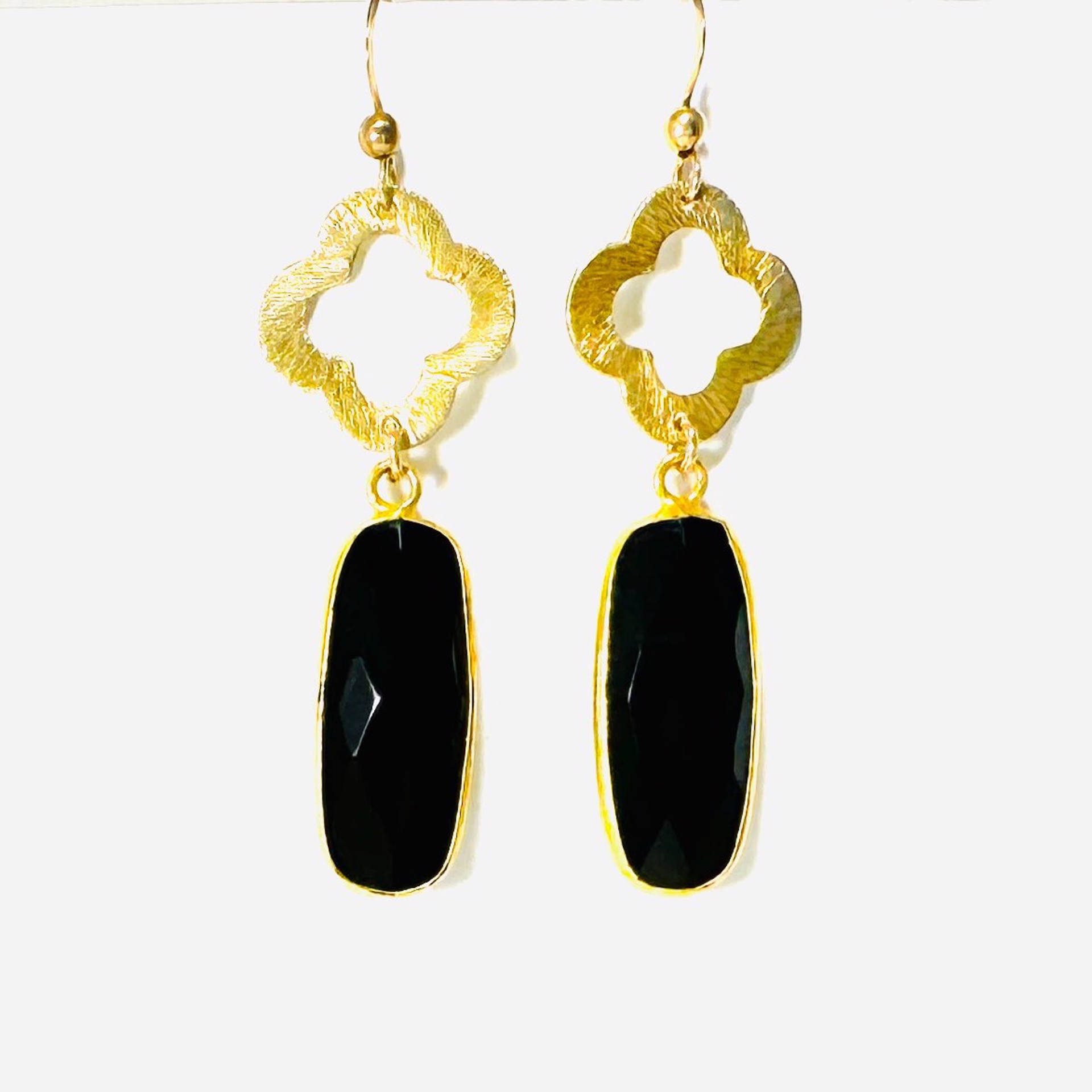 Vermeil Wrapped Faceted Onyx Rectangle Bead, 14k gp Clover Earrings LR24-15 by Legare Riano