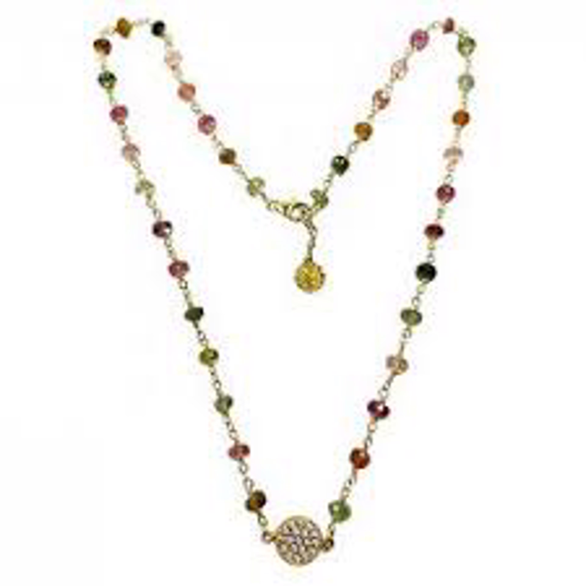 Ivory pearl strand with round pendant of pave diamonds by Melinda Lawton Jewelry