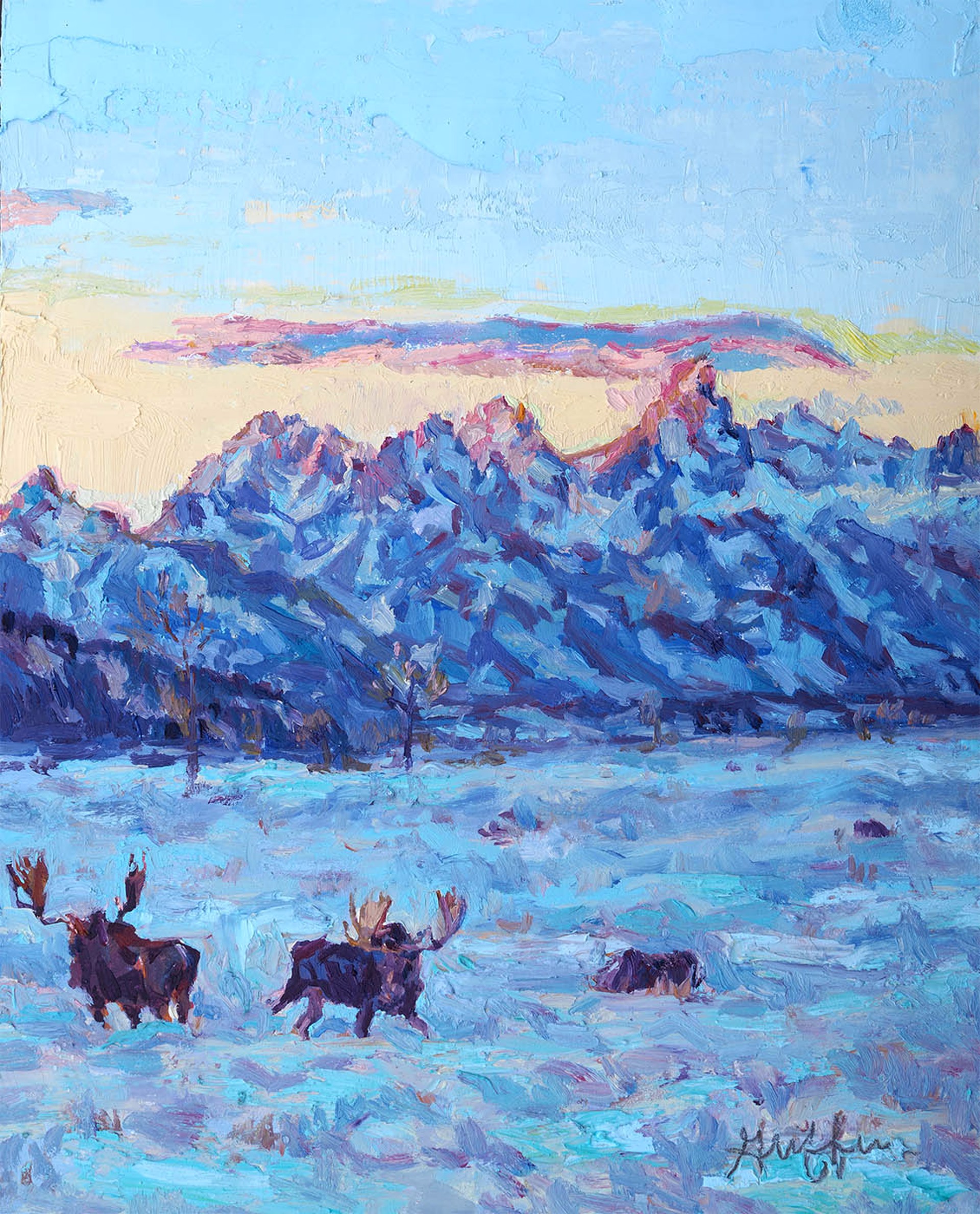 Original Oil Painting On Panel Sunset And Moose With Tetons In The Background