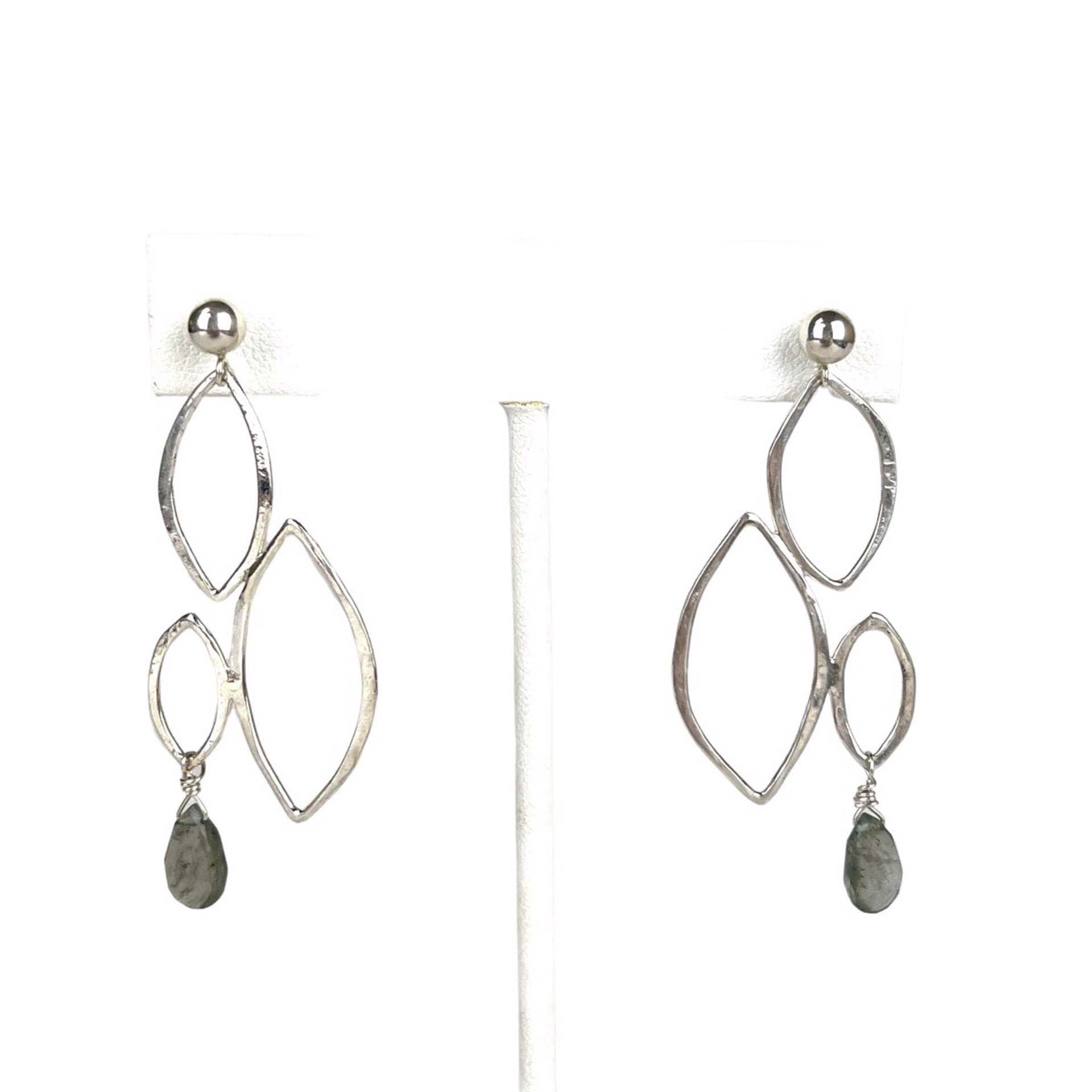 Hand-Fabricated Sterling Marquis and Moss Aquamarine Earrings by Nola Smodic