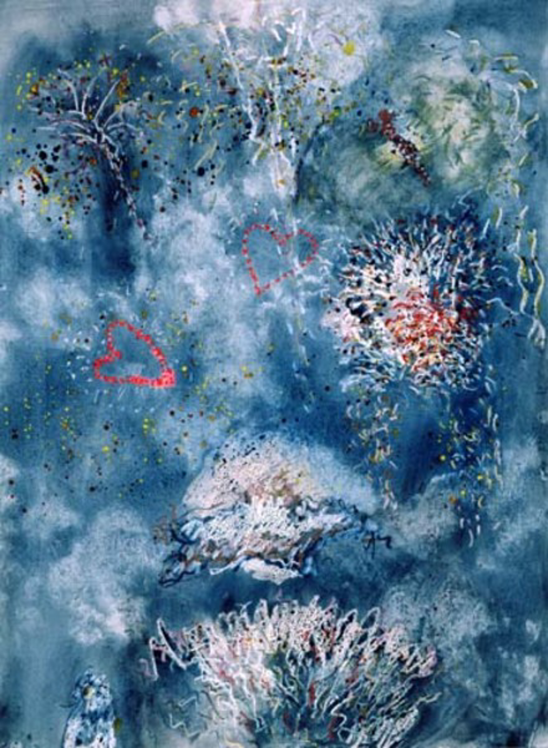 Hearts & Flowering Fireworks Beaver Lake from original watercolor 1996 by David Barnett