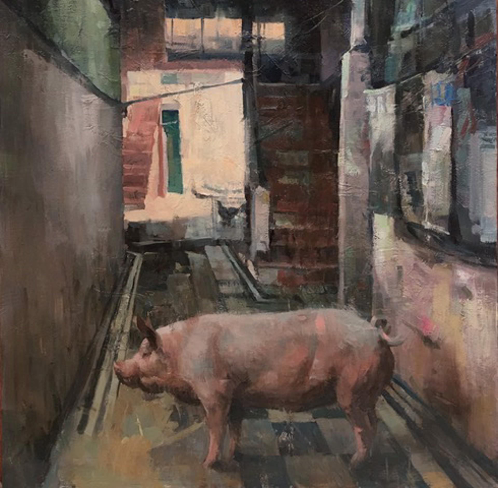 A Pig In A Narrow Rundown Alley, The Viewer Wonders Why It Is There, By Larry Moore, Available At Gallery Wild