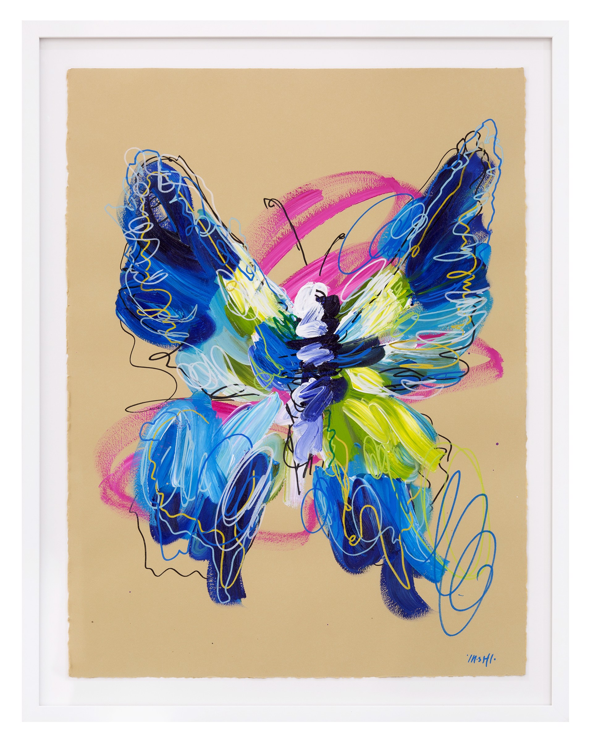 Blue scribble butterfly & pink swirls by Ash Almonte