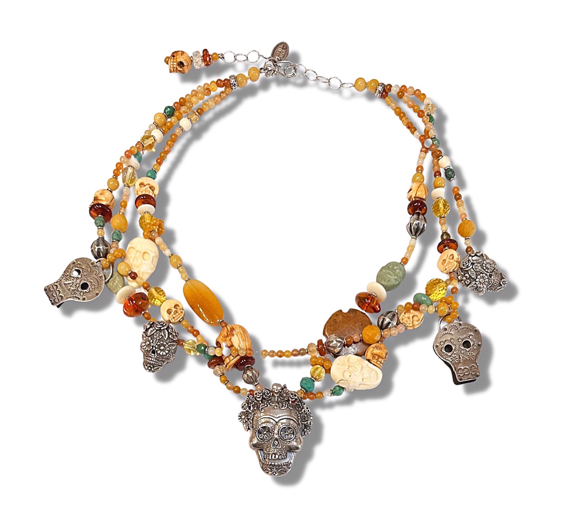 Necklace - 3 Strand Day of the Dead with Sterling Skull Charms #175 by Kim Yubeta