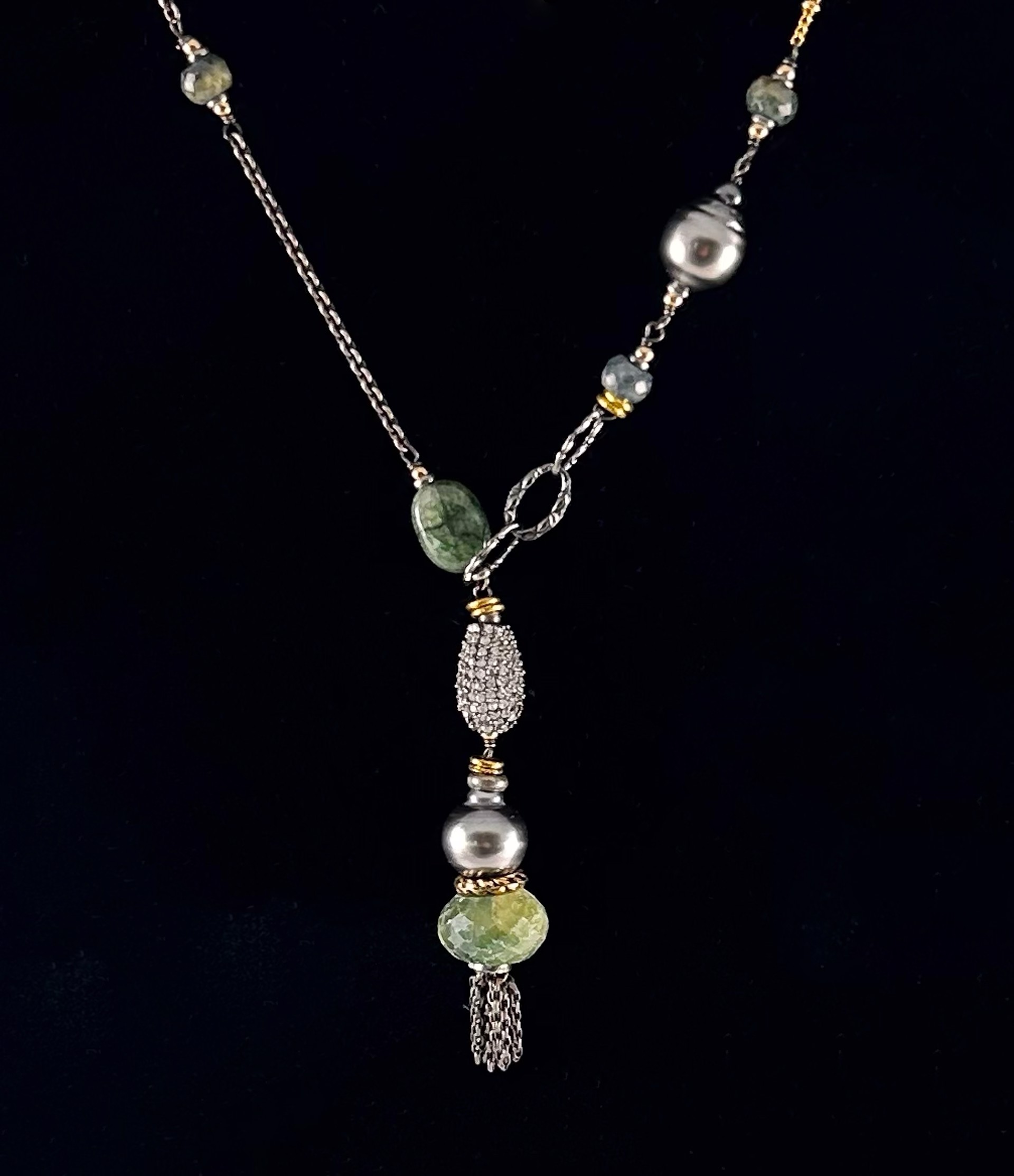 Jade, black pearl, emerald, CZ pave, sterling silver, and gold vermiel Necklace by Jeri Mitrani