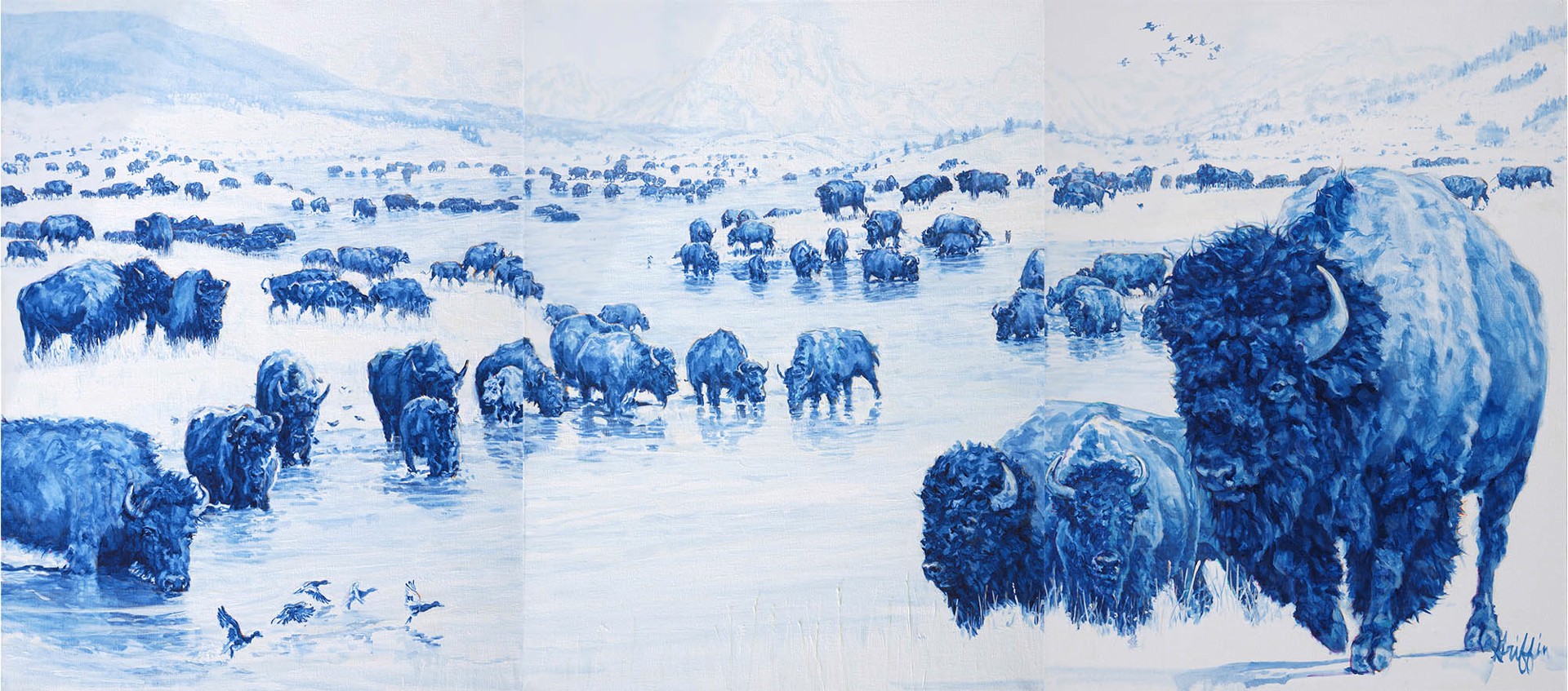Original Oil On Linen Triptych By Patricia Griffin Blue Buffalo With Tetons