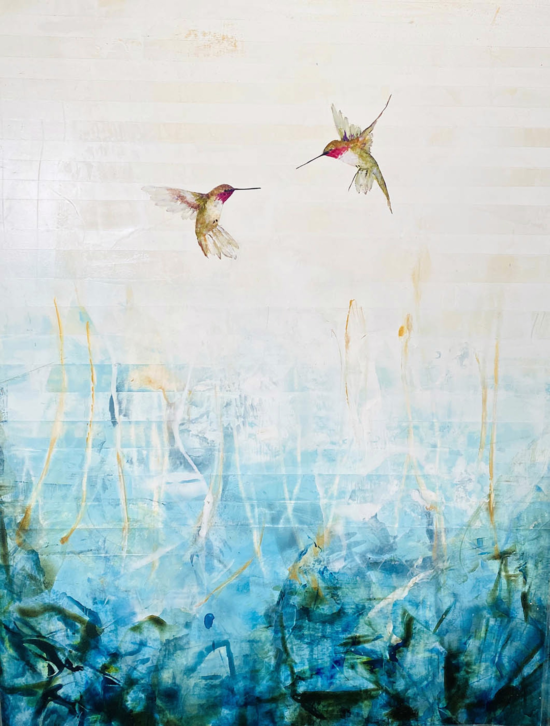 Original Oil Painting By Jenna Von Benedikt Featuring Two Ruby Throated Hummingbirds Facing Each Other In Flight Over Abstract Background In A Yellow To Turquoise Gradient 