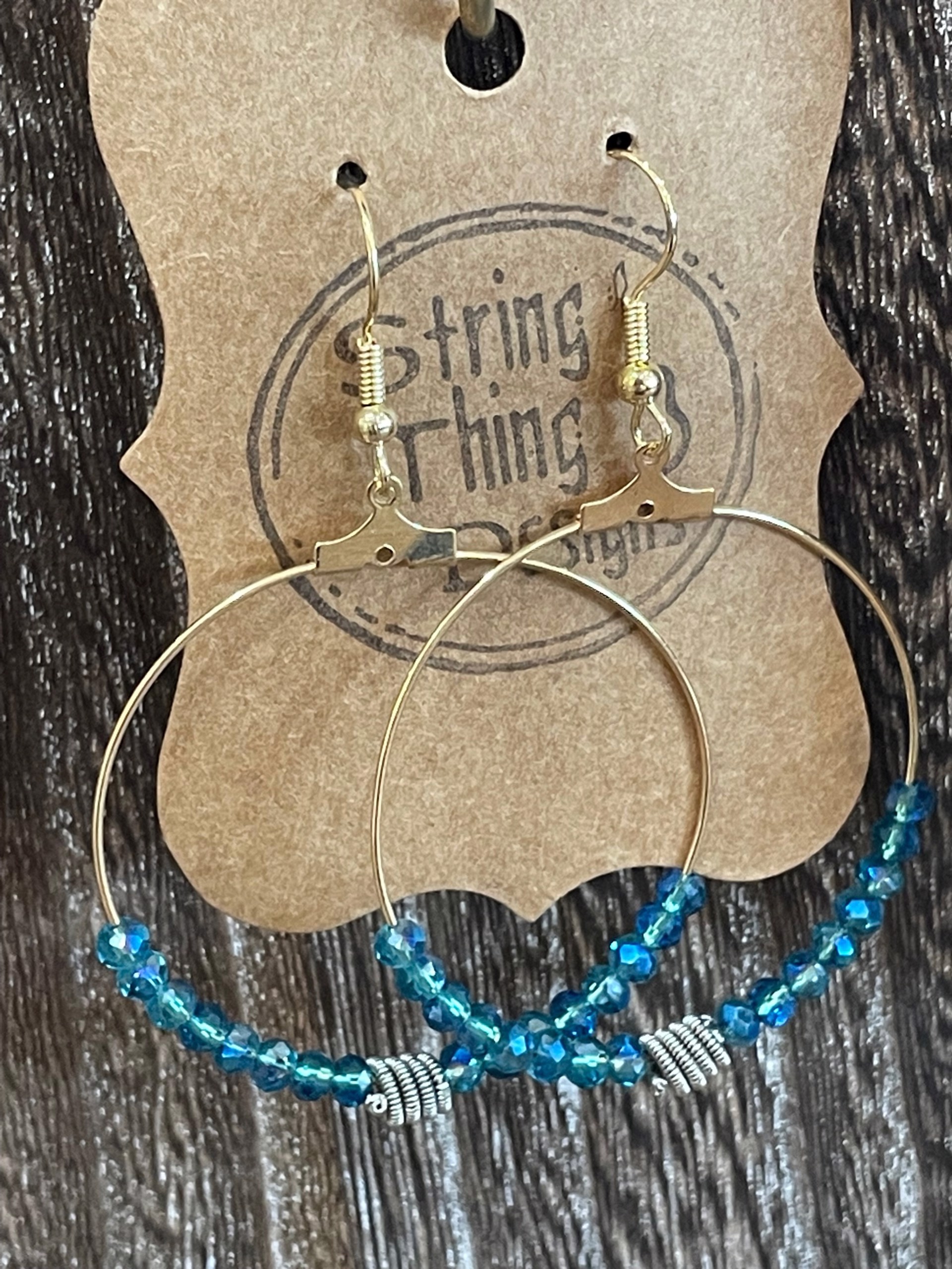 Guitar String and Blue Crystal Hoop Earrings by String Thing Designs