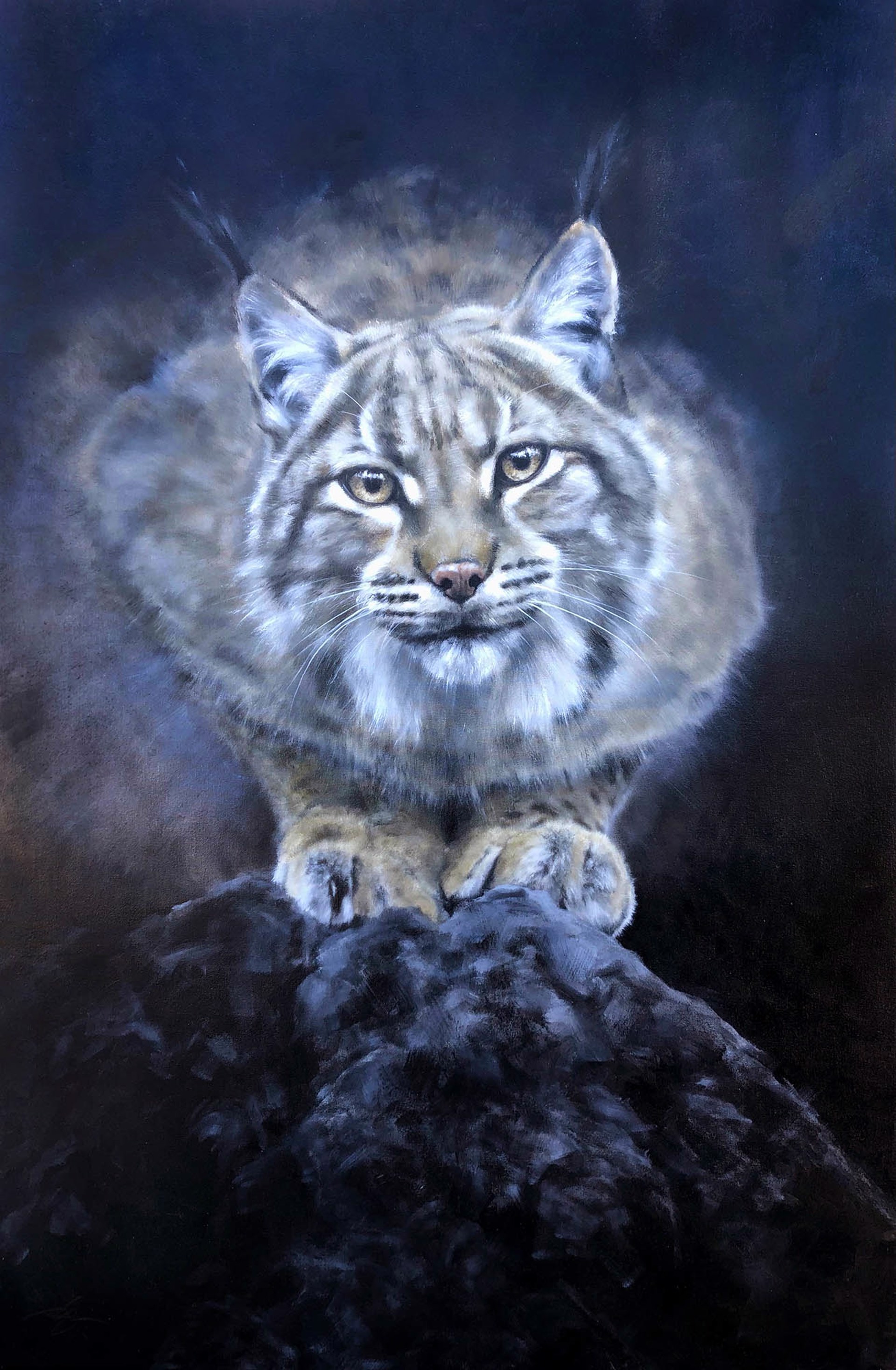 Original Oil Painting By Doyle Hostetler Featuring A Pouncing Bobcat On A Rock