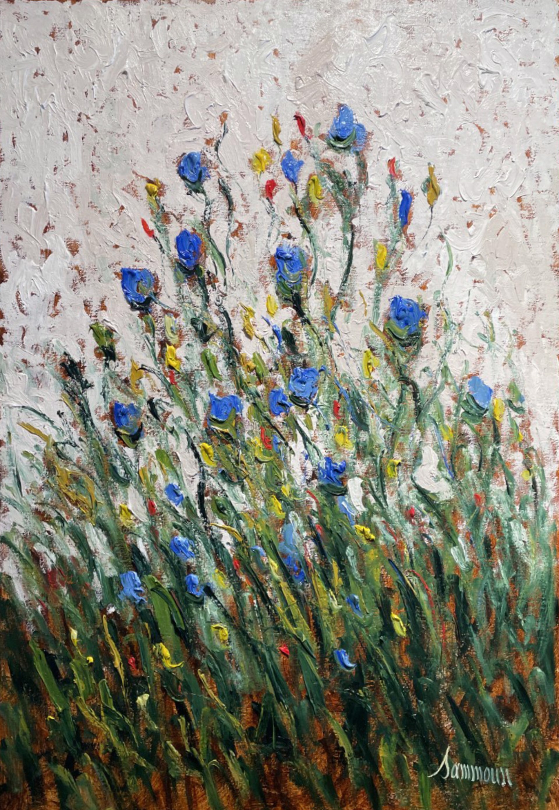 Blue poppies with Yellow and Red notes by Samir Sammoun