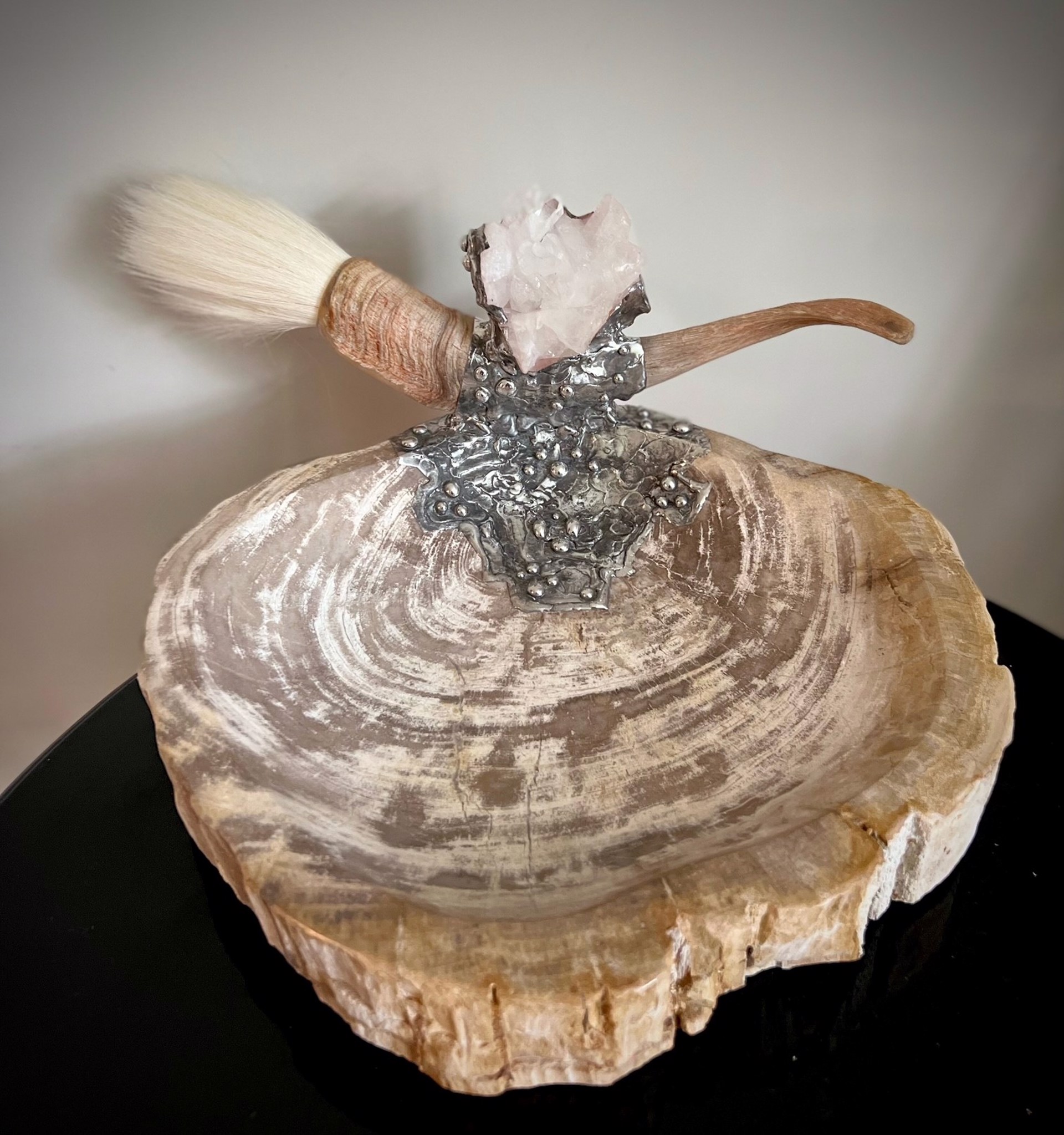 Petrified Wood with Goat Hair Ram horn Brush by Trinka 5 Designs
