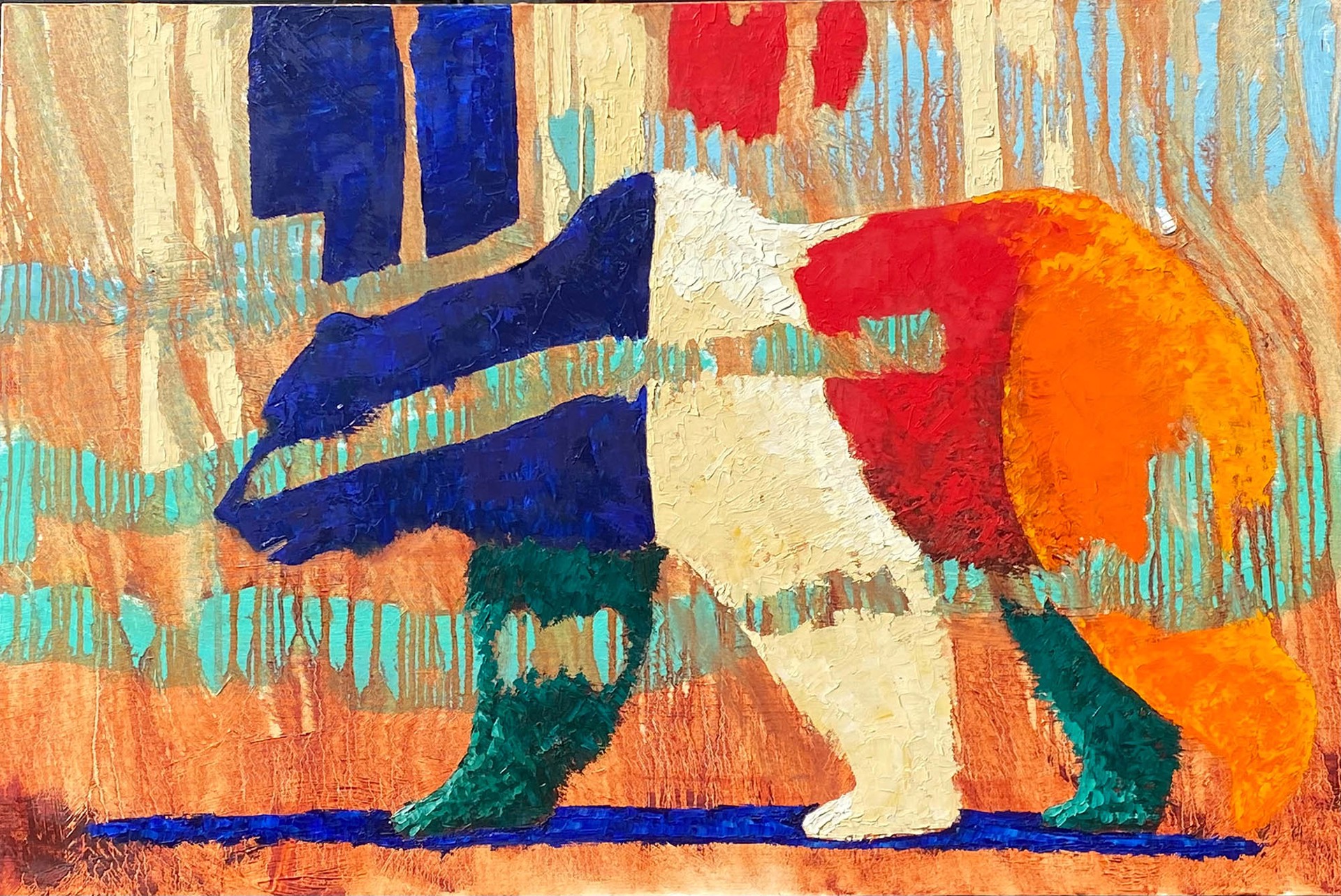 Original Oil Painting Featuring A Walking Bear Silhouette In Color Blocking Merging With Abstract Background