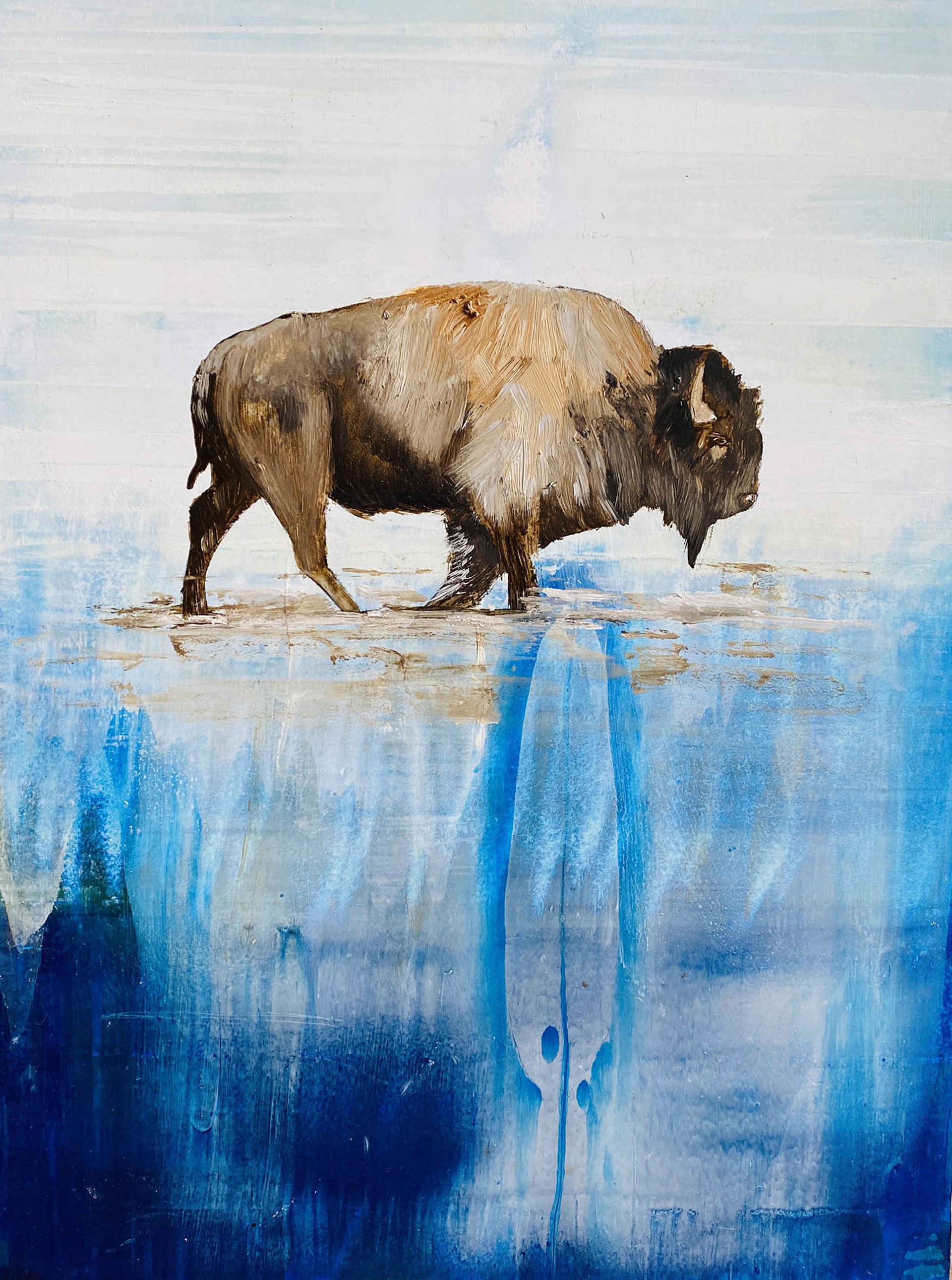 Original Oil Painting Featuring A Walking Bison Over Abstract Blue Background