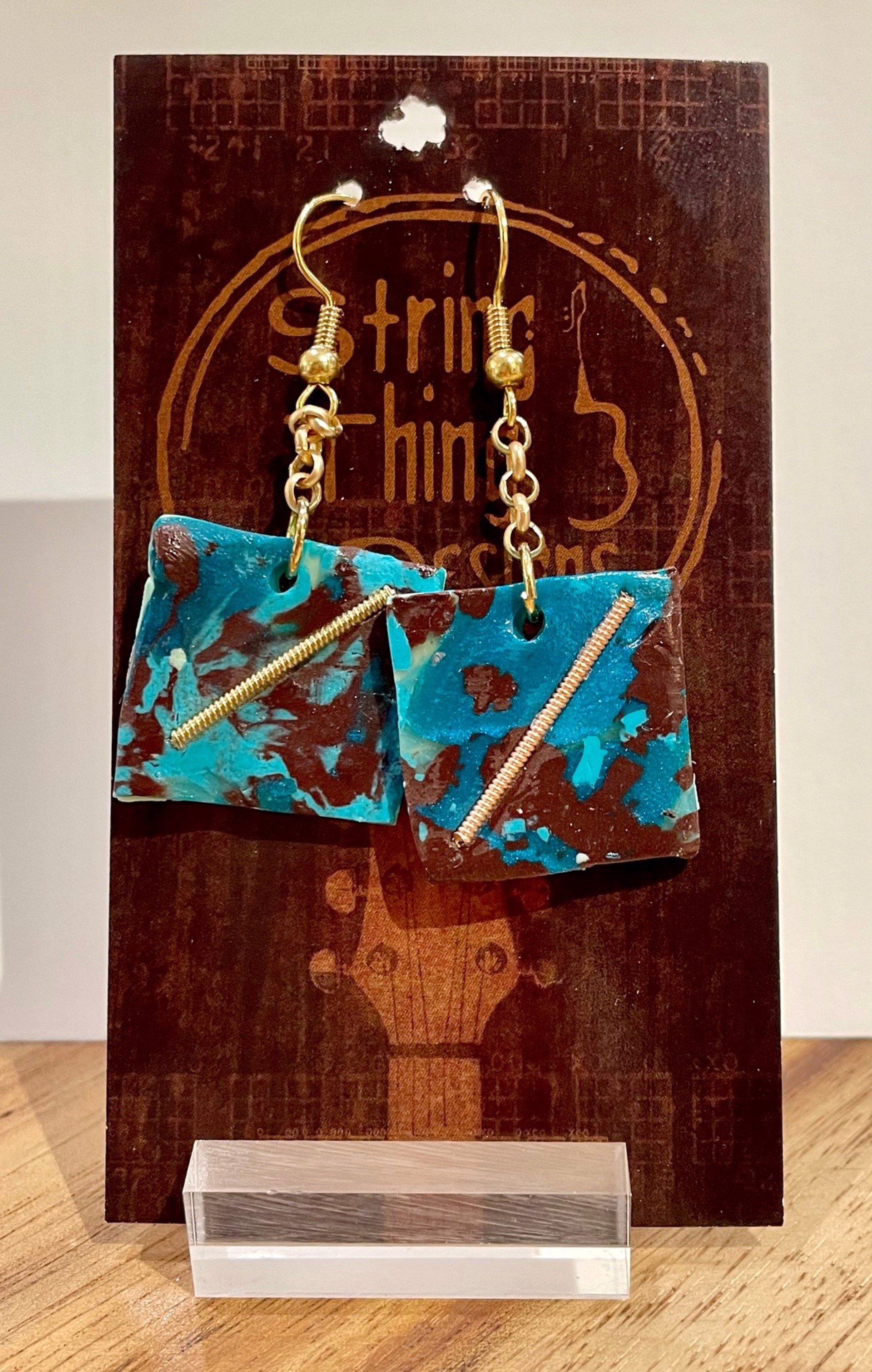 Blue Square Guitar String Earrings by String Thing Designs