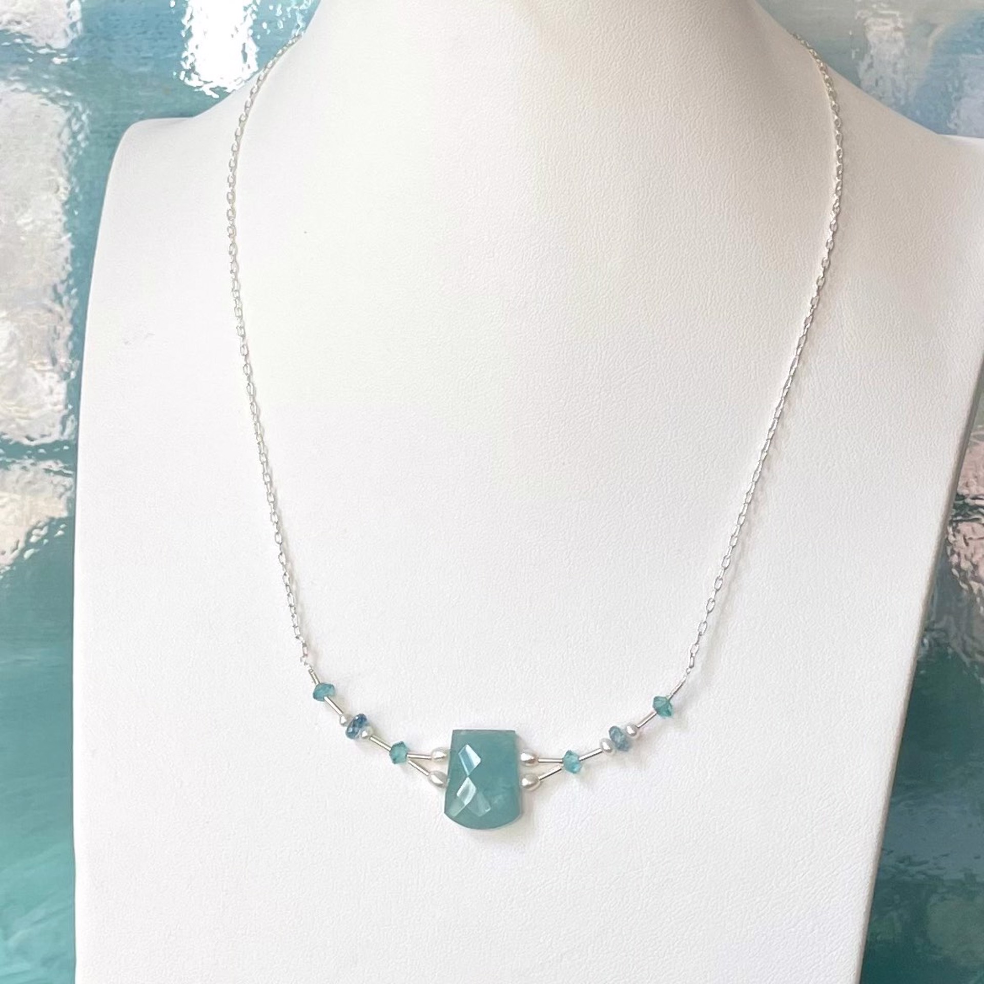 Aquamarine, Apatite, Pearls and Sterling Silver Shield Necklace by Lisa Kelley