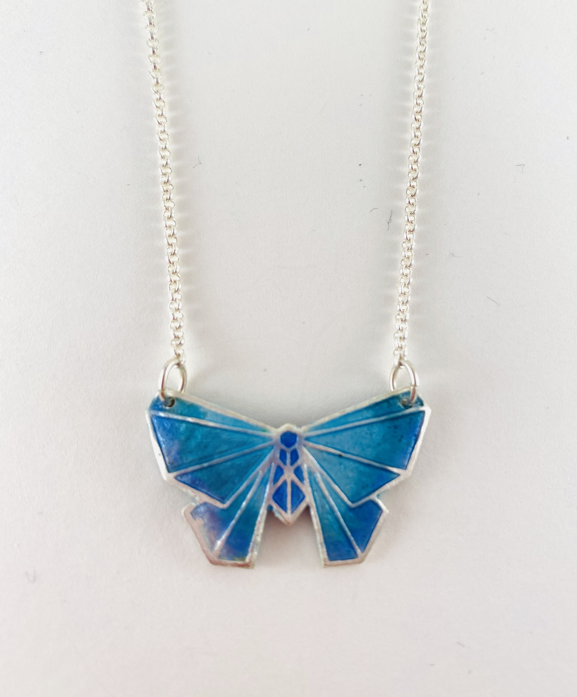 Champleve Butterfly Pendant, 18" Silver Chain Necklace by Karen Hakim